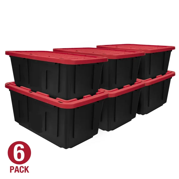 (6 pack)27 Gallon Large Storage Bin with Snap Lid, Black and Red, Heavy Duty Plastic Storage Container