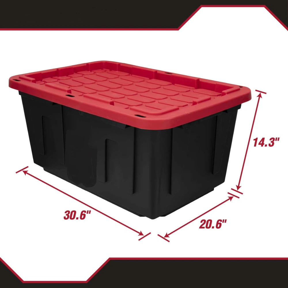 (6 pack)27 Gallon Large Storage Bin with Snap Lid, Black and Red, Heavy Duty Plastic Storage Container view 3