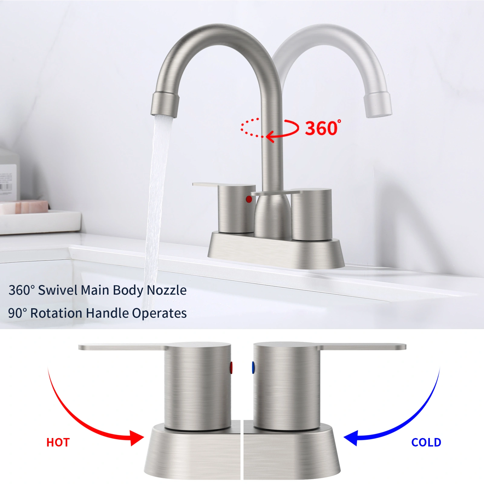 2 Handles Bathroom Sink Faucet, Brushed Nickel Centerset RV Bathroom Faucets for 3 Hole [pop-up drain and hose not included][Unable ship on weekends, TK/TEMU only for pickup, only TX10643 warehouse supports GOFO] view 3