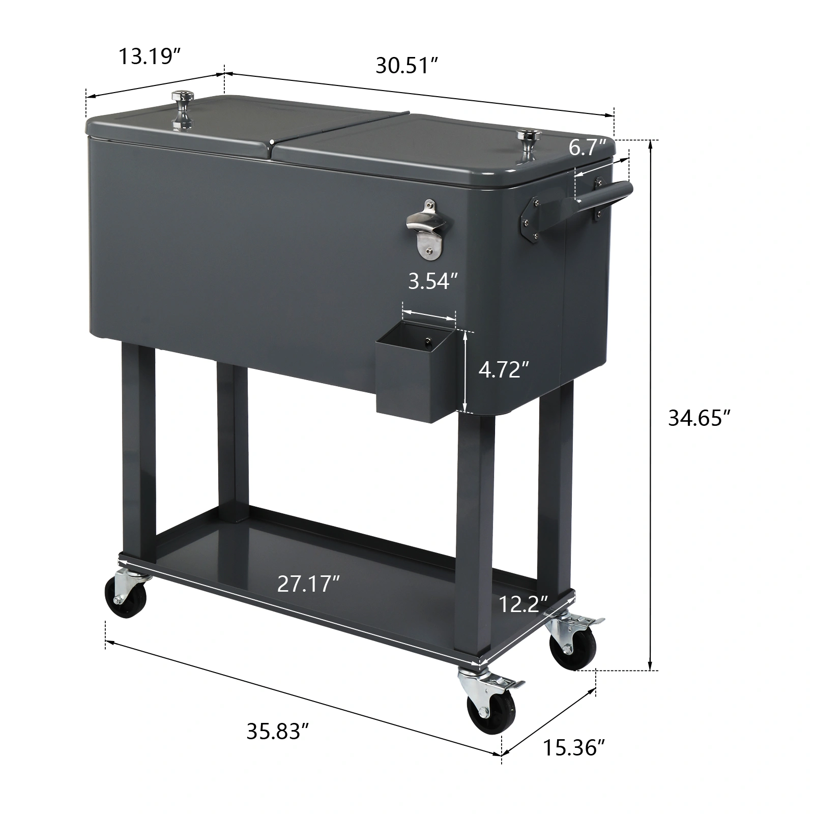 80QT Dark Grey Rolling Cooler Cart, 34.4 x 35.8 x 15.2 Inch Rectangular Insulated Ice Chest with Plastic Body and Steel Tube Legs view 10