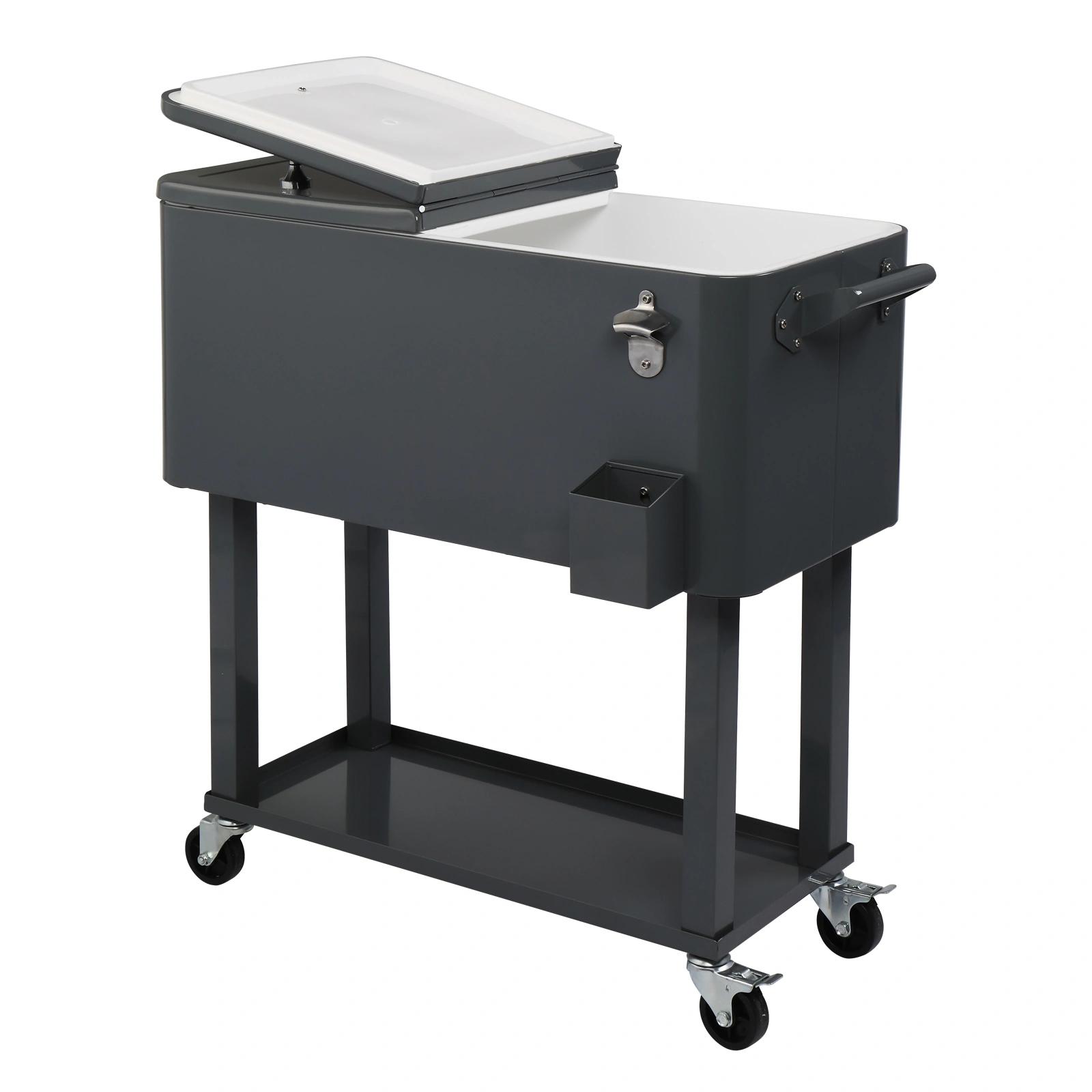 80QT Dark Grey Rolling Cooler Cart, 34.4 x 35.8 x 15.2 Inch Rectangular Insulated Ice Chest with Plastic Body and Steel Tube Legs view 16