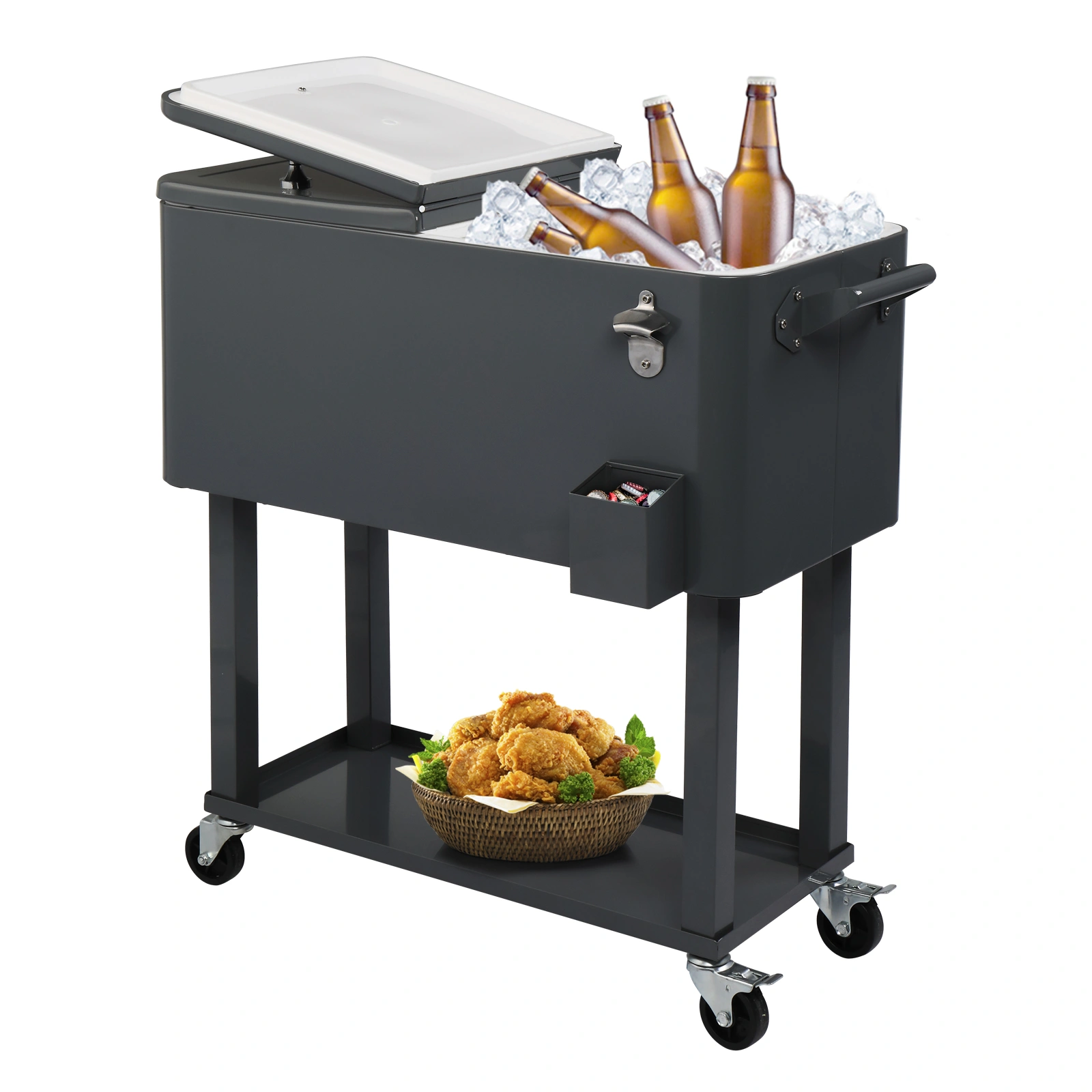 80QT Dark Grey Rolling Cooler Cart, 34.4 x 35.8 x 15.2 Inch Rectangular Insulated Ice Chest with Plastic Body and Steel Tube Legs view 19