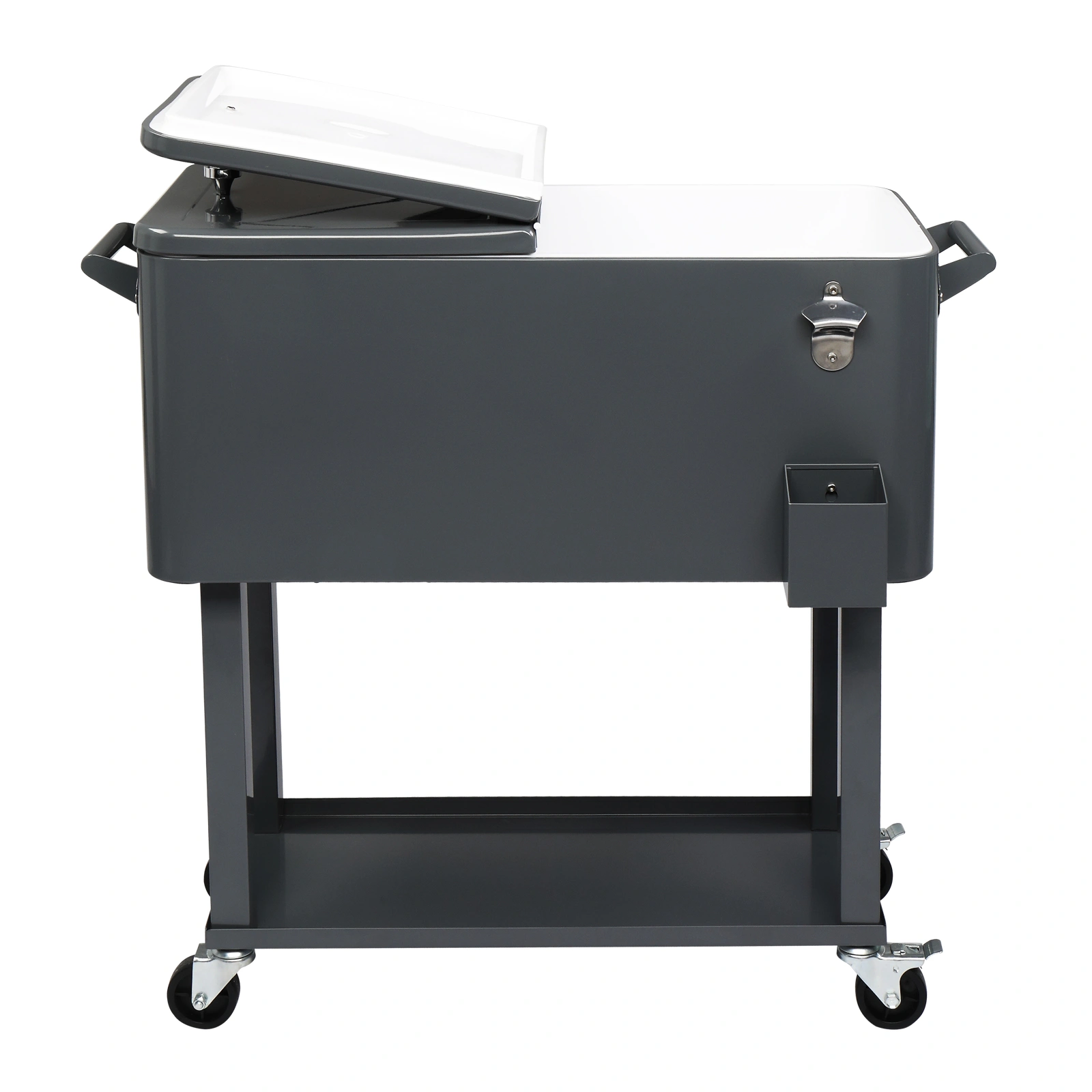 80QT Dark Grey Rolling Cooler Cart, 34.4 x 35.8 x 15.2 Inch Rectangular Insulated Ice Chest with Plastic Body and Steel Tube Legs view 22