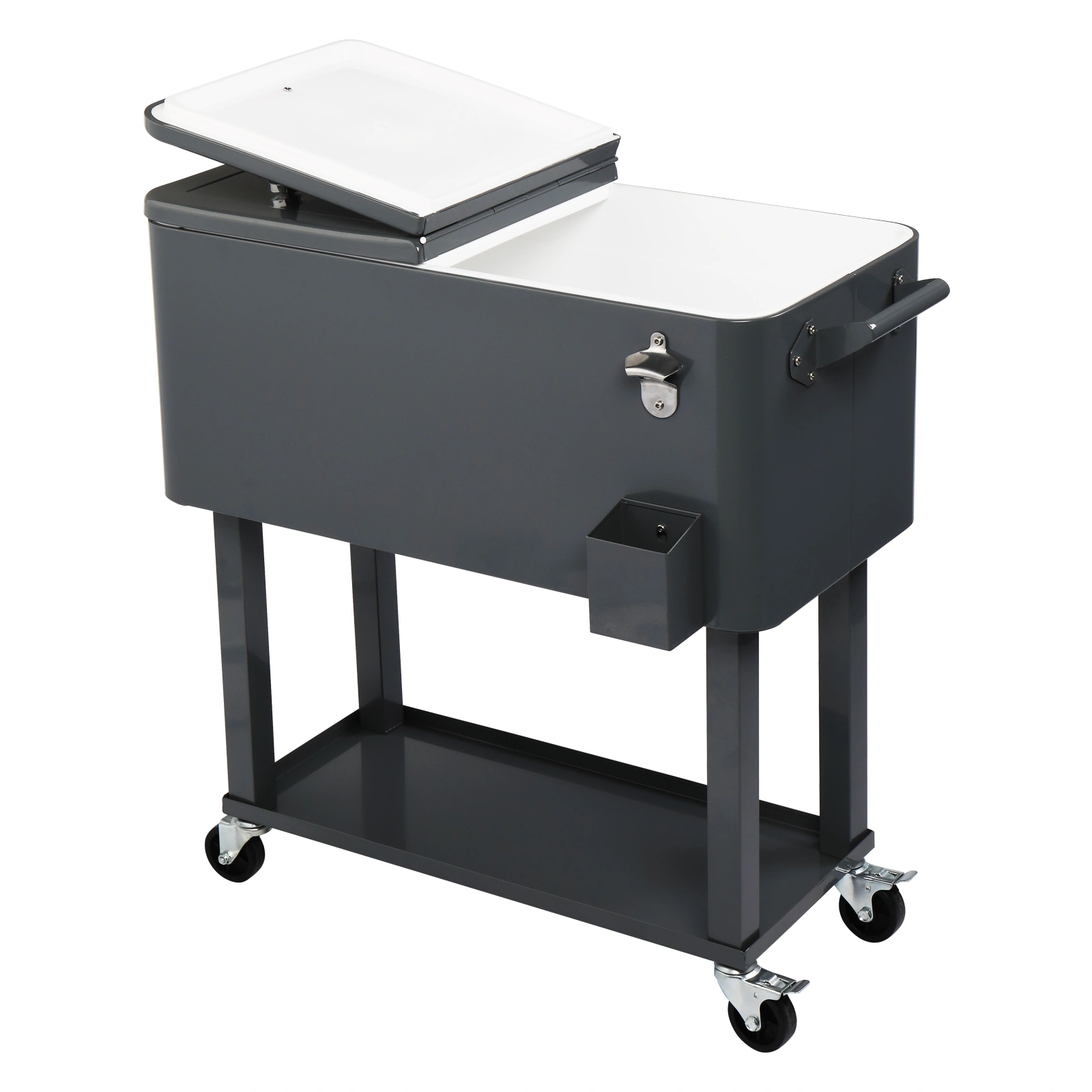 80QT Dark Grey Rolling Cooler Cart, 34.4 x 35.8 x 15.2 Inch Rectangular Insulated Ice Chest with Plastic Body and Steel Tube Legs view 24