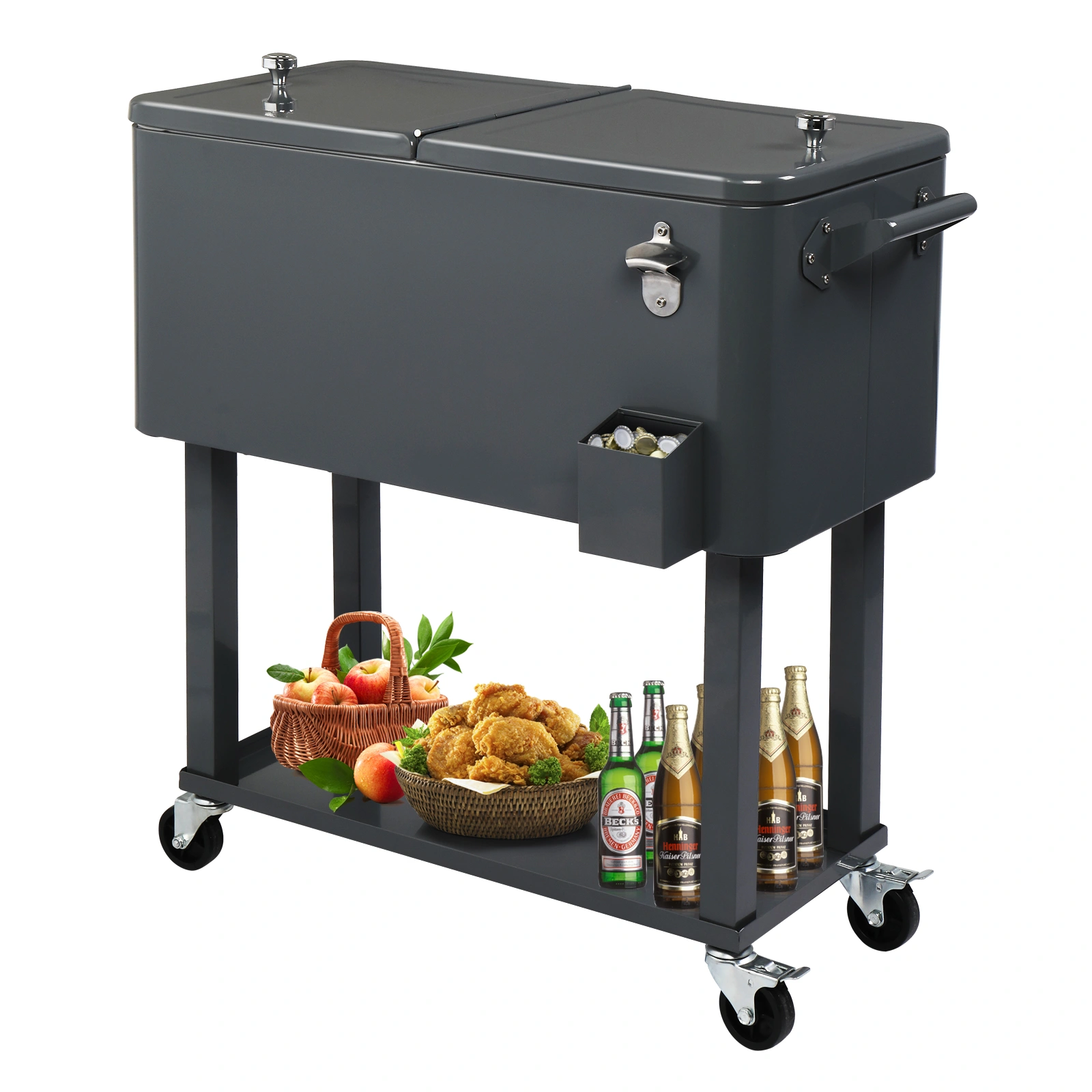 80QT Dark Grey Rolling Cooler Cart, 34.4 x 35.8 x 15.2 Inch Rectangular Insulated Ice Chest with Plastic Body and Steel Tube Legs view 28