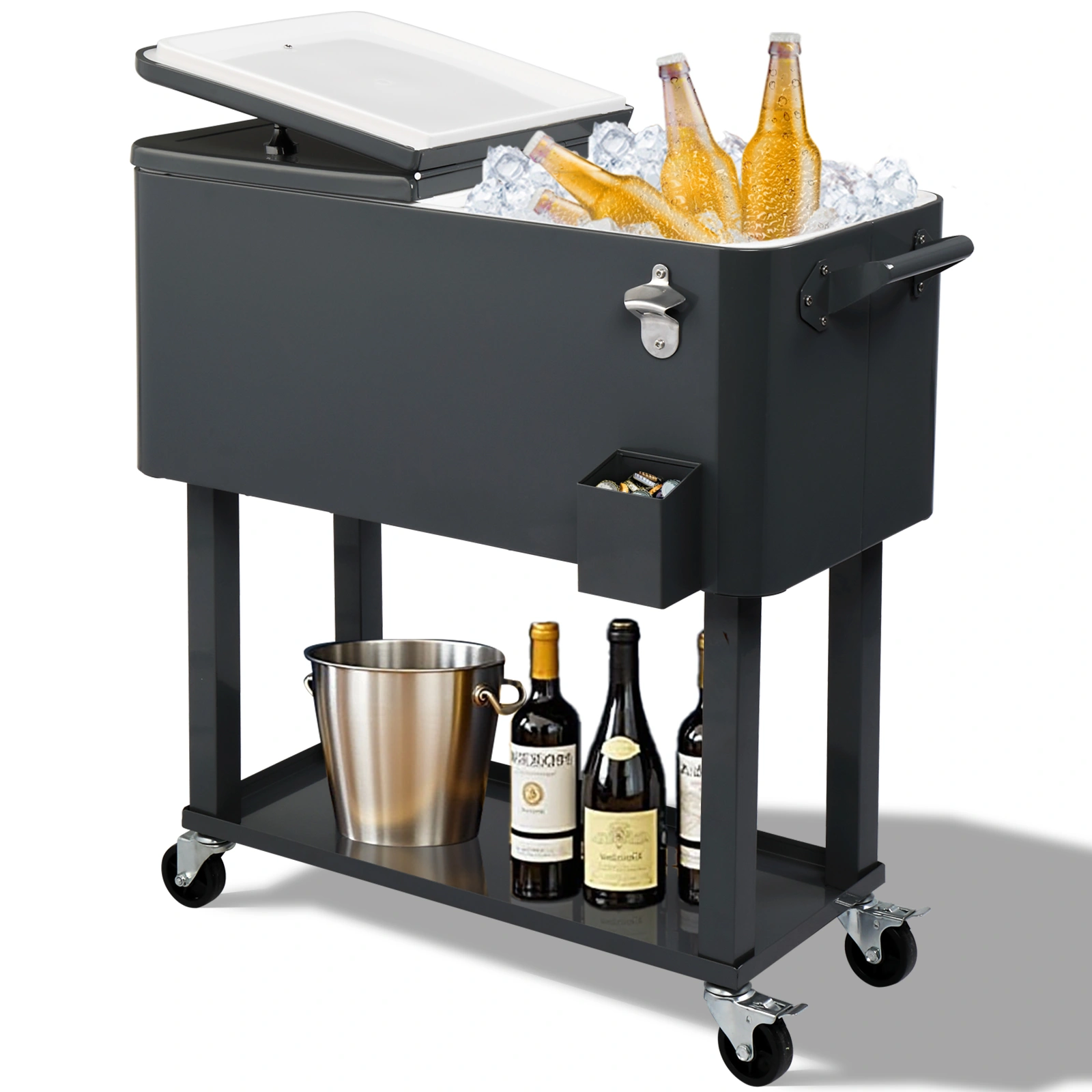 80QT Dark Grey Rolling Cooler Cart, 34.4 x 35.8 x 15.2 Inch Rectangular Insulated Ice Chest with Plastic Body and Steel Tube Legs view 29