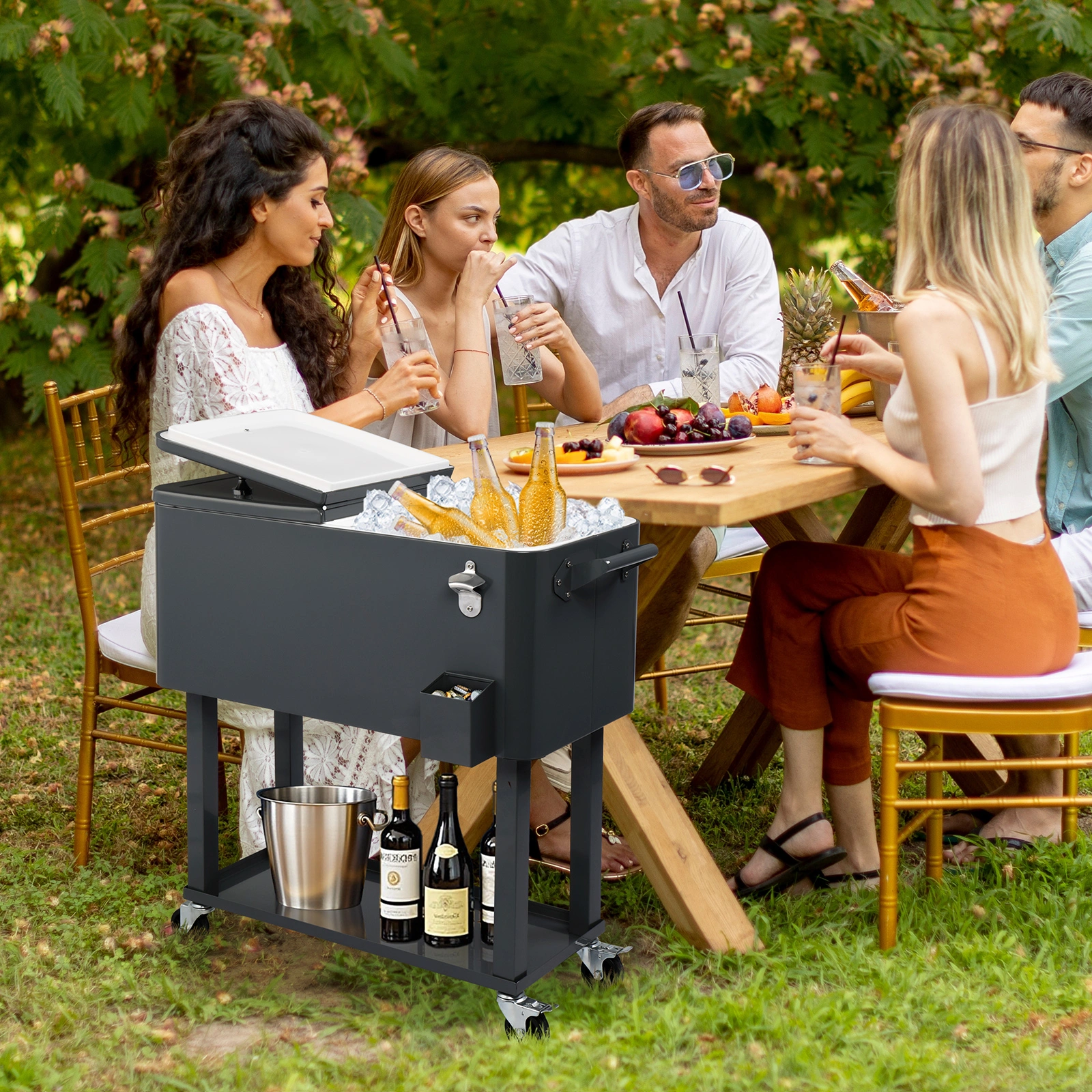 80QT Dark Grey Rolling Cooler Cart, 34.4 x 35.8 x 15.2 Inch Rectangular Insulated Ice Chest with Plastic Body and Steel Tube Legs view 32
