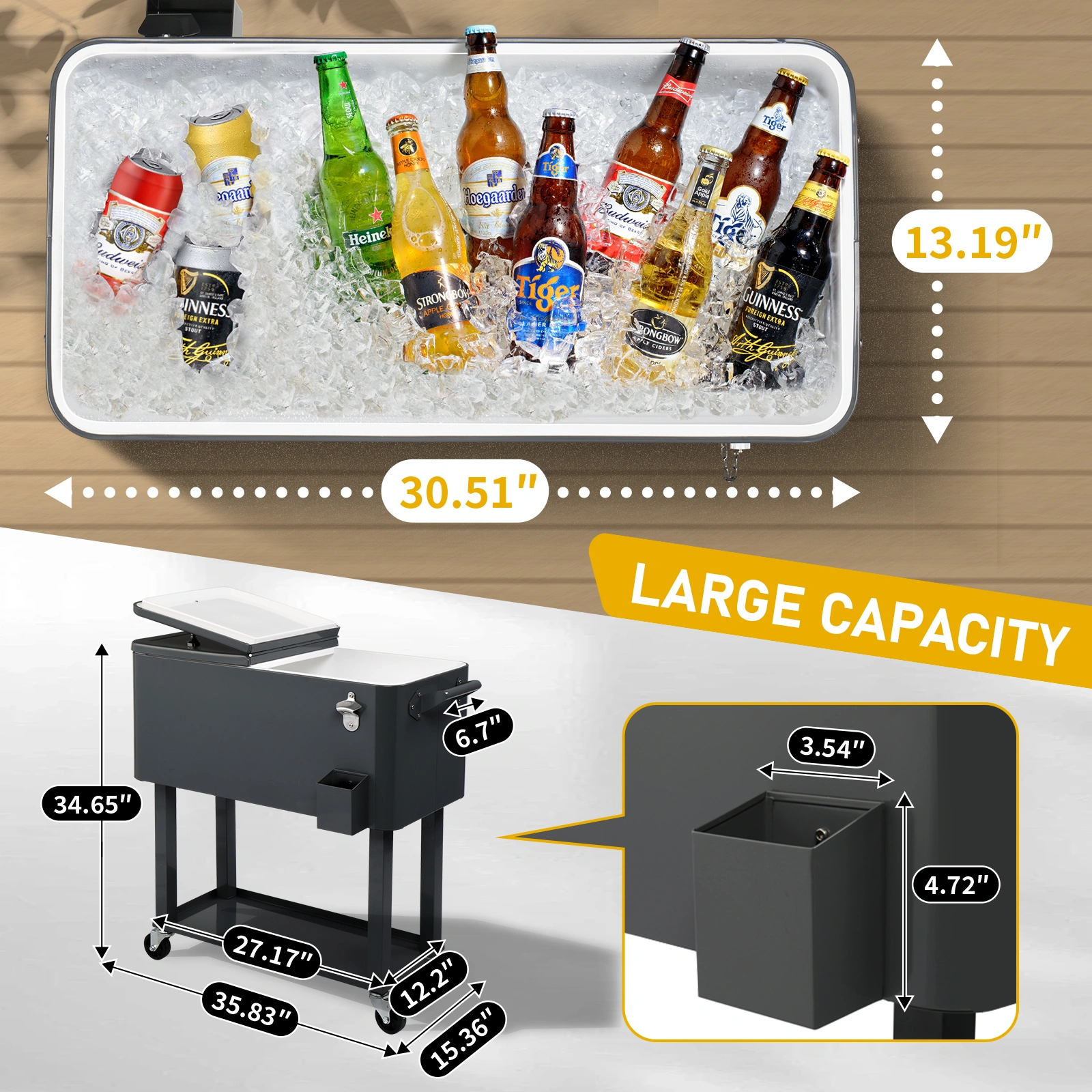 80QT Dark Grey Rolling Cooler Cart, 34.4 x 35.8 x 15.2 Inch Rectangular Insulated Ice Chest with Plastic Body and Steel Tube Legs view 33