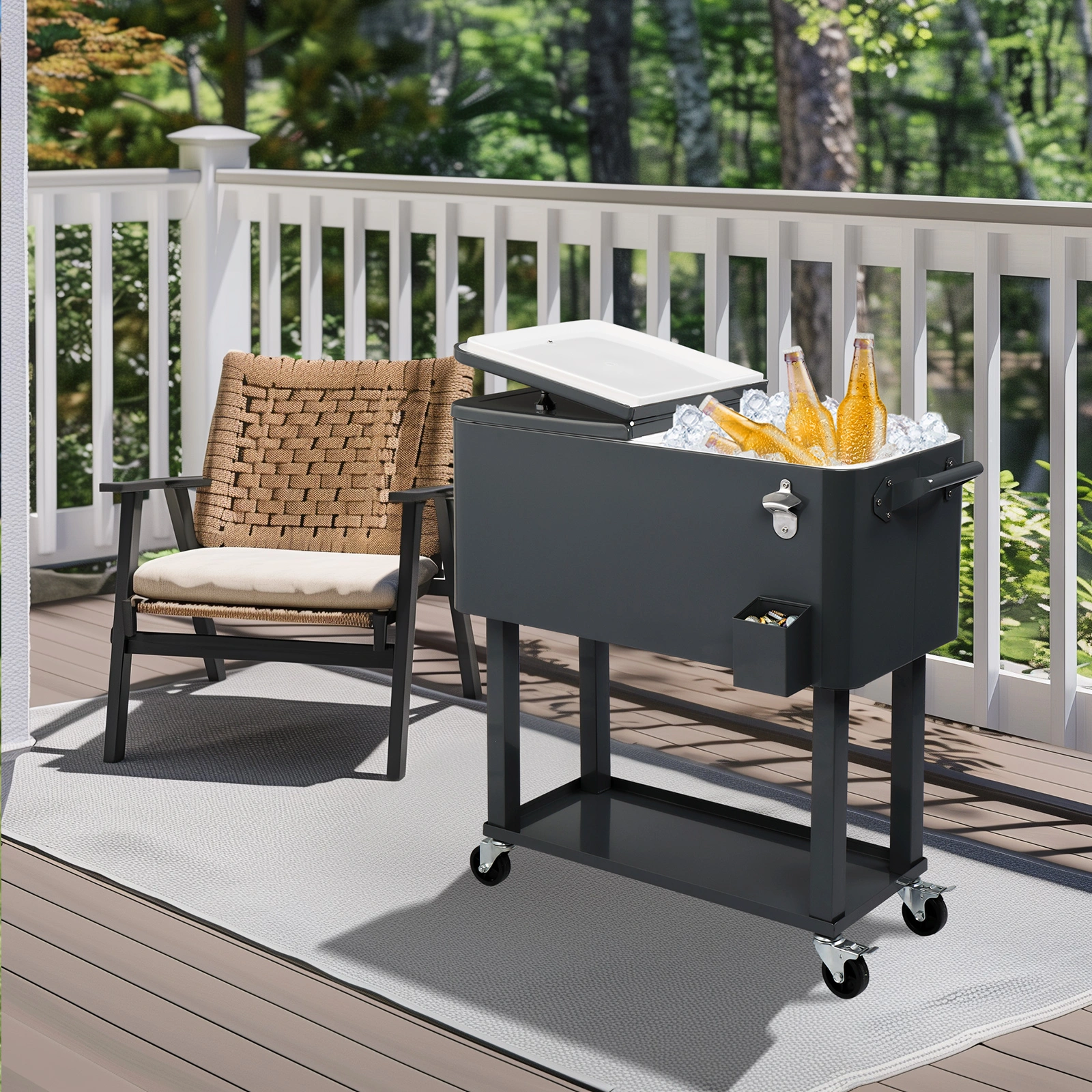80QT Dark Grey Rolling Cooler Cart, 34.4 x 35.8 x 15.2 Inch Rectangular Insulated Ice Chest with Plastic Body and Steel Tube Legs view 35