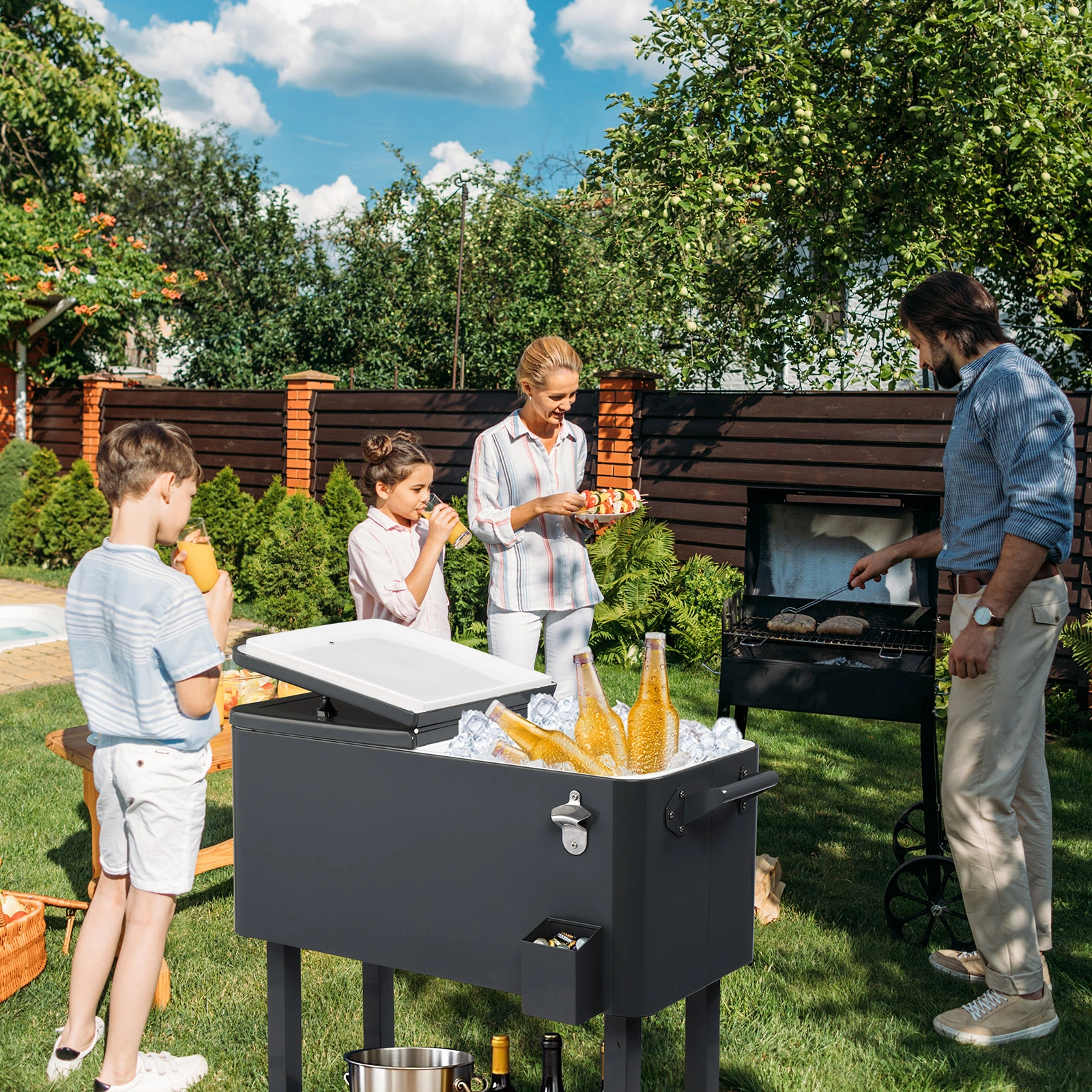 80QT Dark Grey Rolling Cooler Cart, 34.4 x 35.8 x 15.2 Inch Rectangular Insulated Ice Chest with Plastic Body and Steel Tube Legs view 37