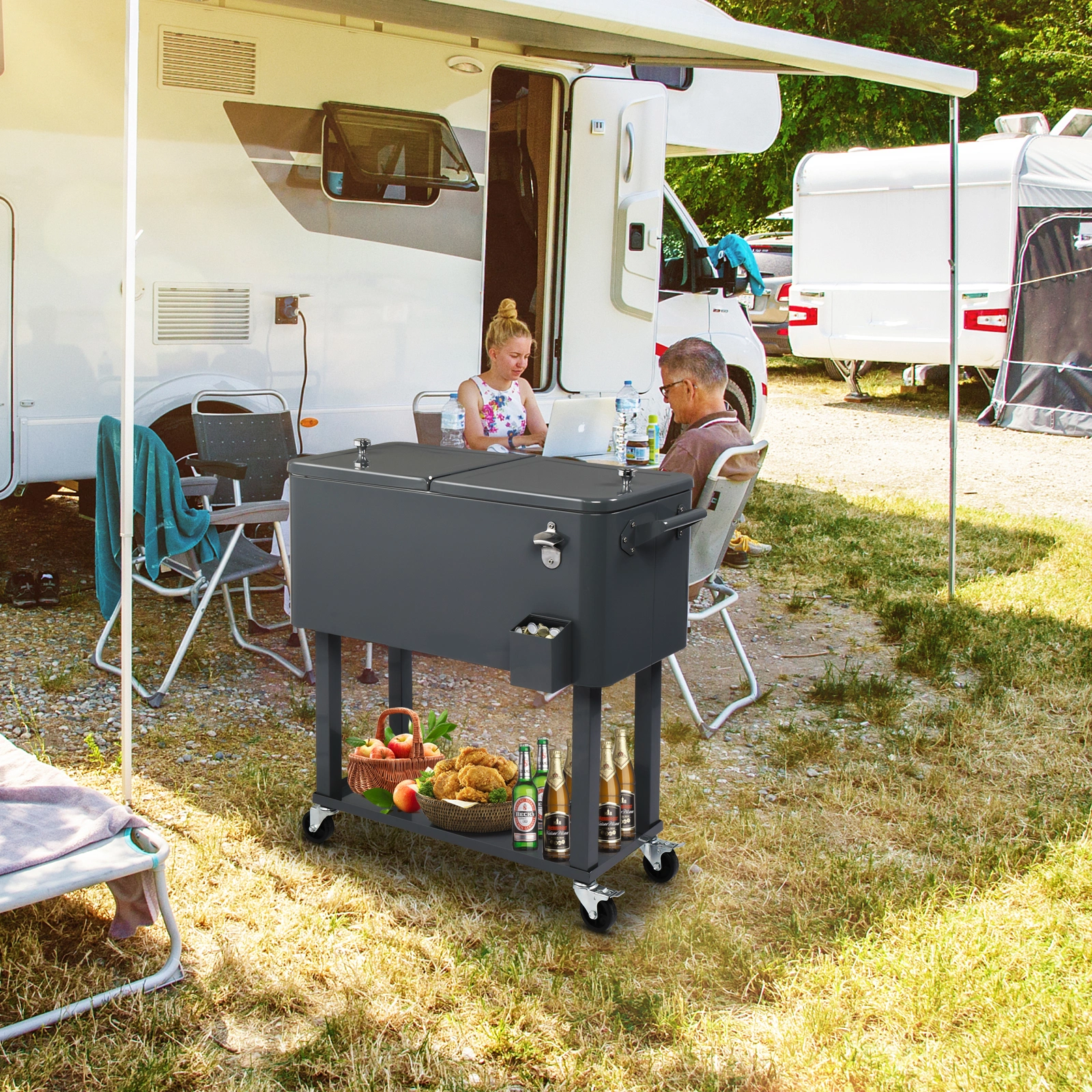 80QT Dark Grey Rolling Cooler Cart, 34.4 x 35.8 x 15.2 Inch Rectangular Insulated Ice Chest with Plastic Body and Steel Tube Legs view 42