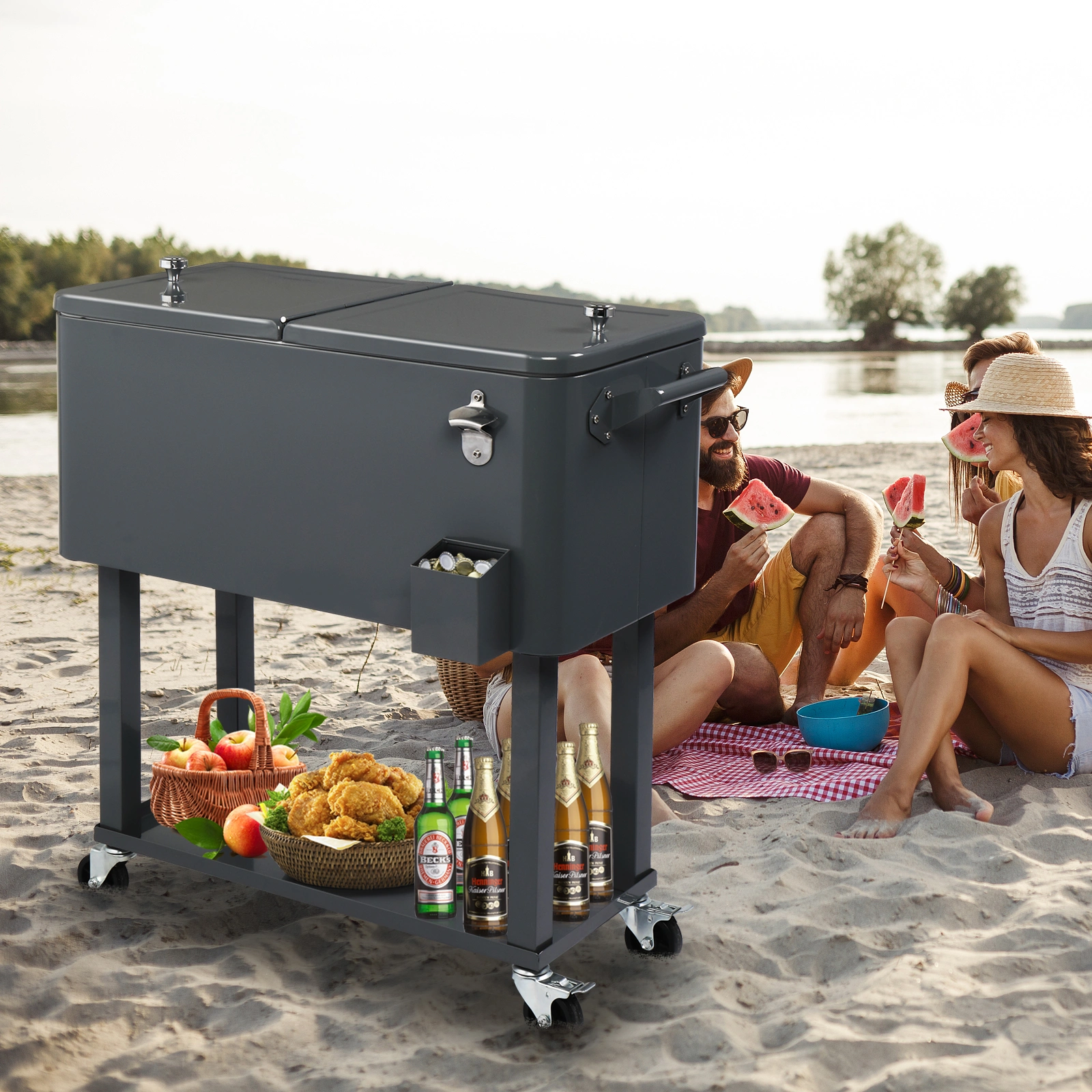 80QT Dark Grey Rolling Cooler Cart, 34.4 x 35.8 x 15.2 Inch Rectangular Insulated Ice Chest with Plastic Body and Steel Tube Legs view 47