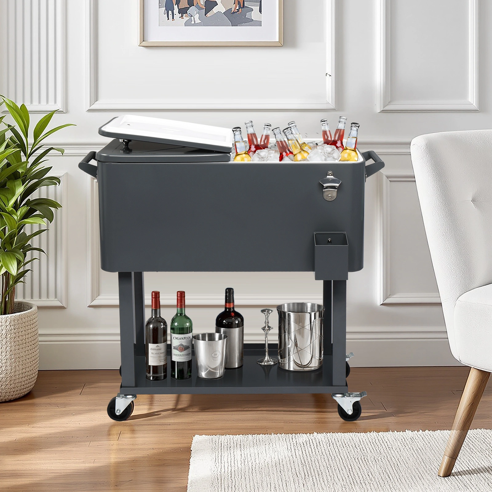 80QT Dark Grey Rolling Cooler Cart, 34.4 x 35.8 x 15.2 Inch Rectangular Insulated Ice Chest with Plastic Body and Steel Tube Legs view 49