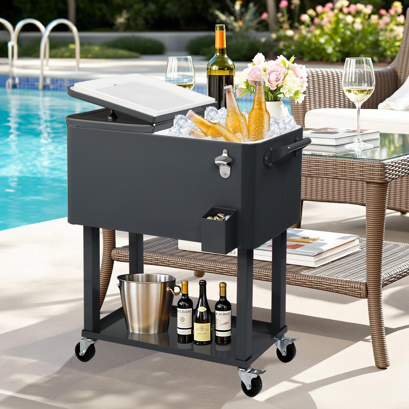 80QT Dark Grey Rolling Cooler Cart, 34.4 x 35.8 x 15.2 Inch Rectangular Insulated Ice Chest with Plastic Body and Steel Tube Legs view 52