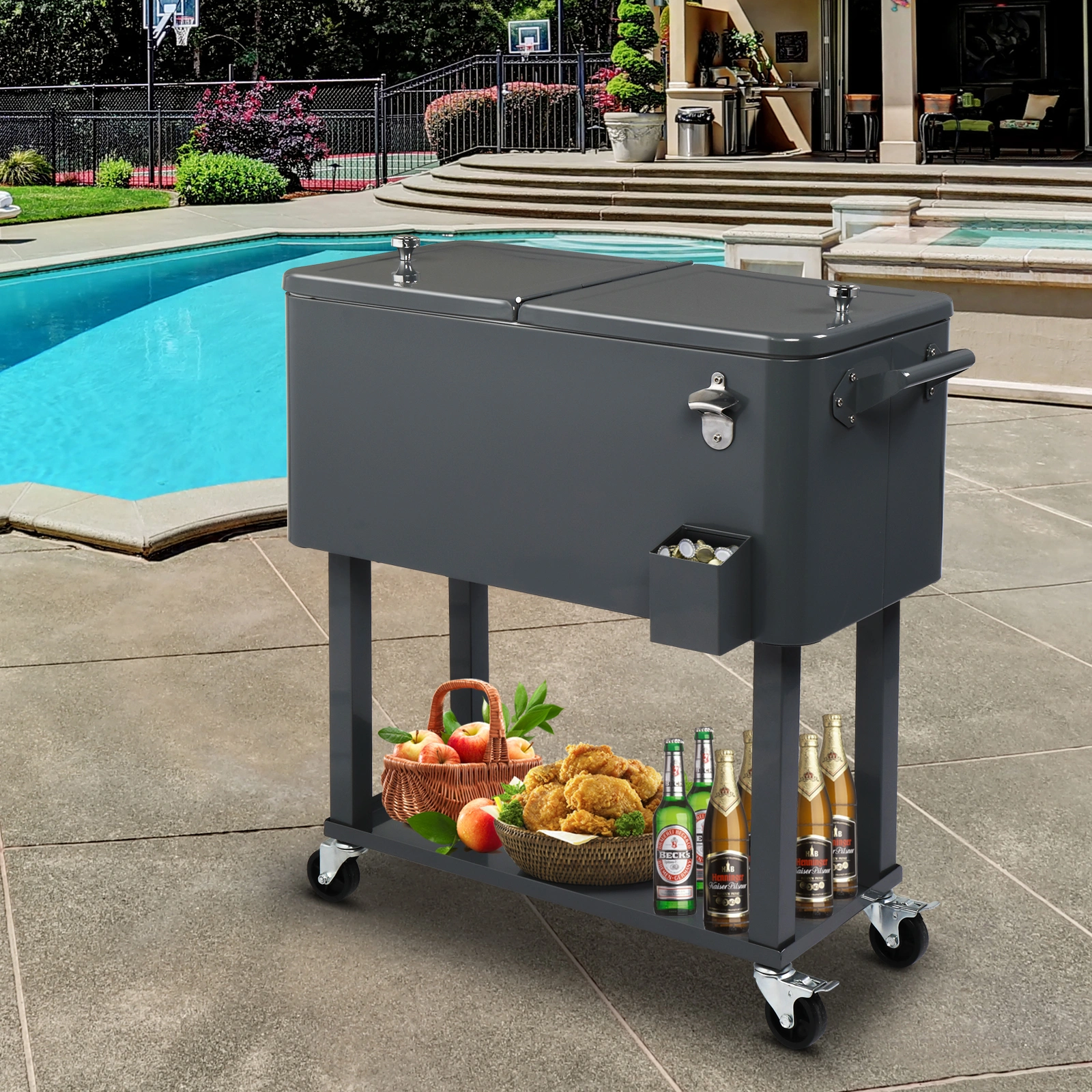 80QT Dark Grey Rolling Cooler Cart, 34.4 x 35.8 x 15.2 Inch Rectangular Insulated Ice Chest with Plastic Body and Steel Tube Legs view 54
