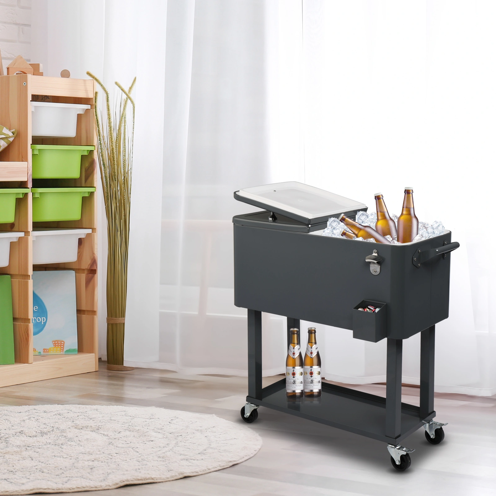 80QT Dark Grey Rolling Cooler Cart, 34.4 x 35.8 x 15.2 Inch Rectangular Insulated Ice Chest with Plastic Body and Steel Tube Legs view 56