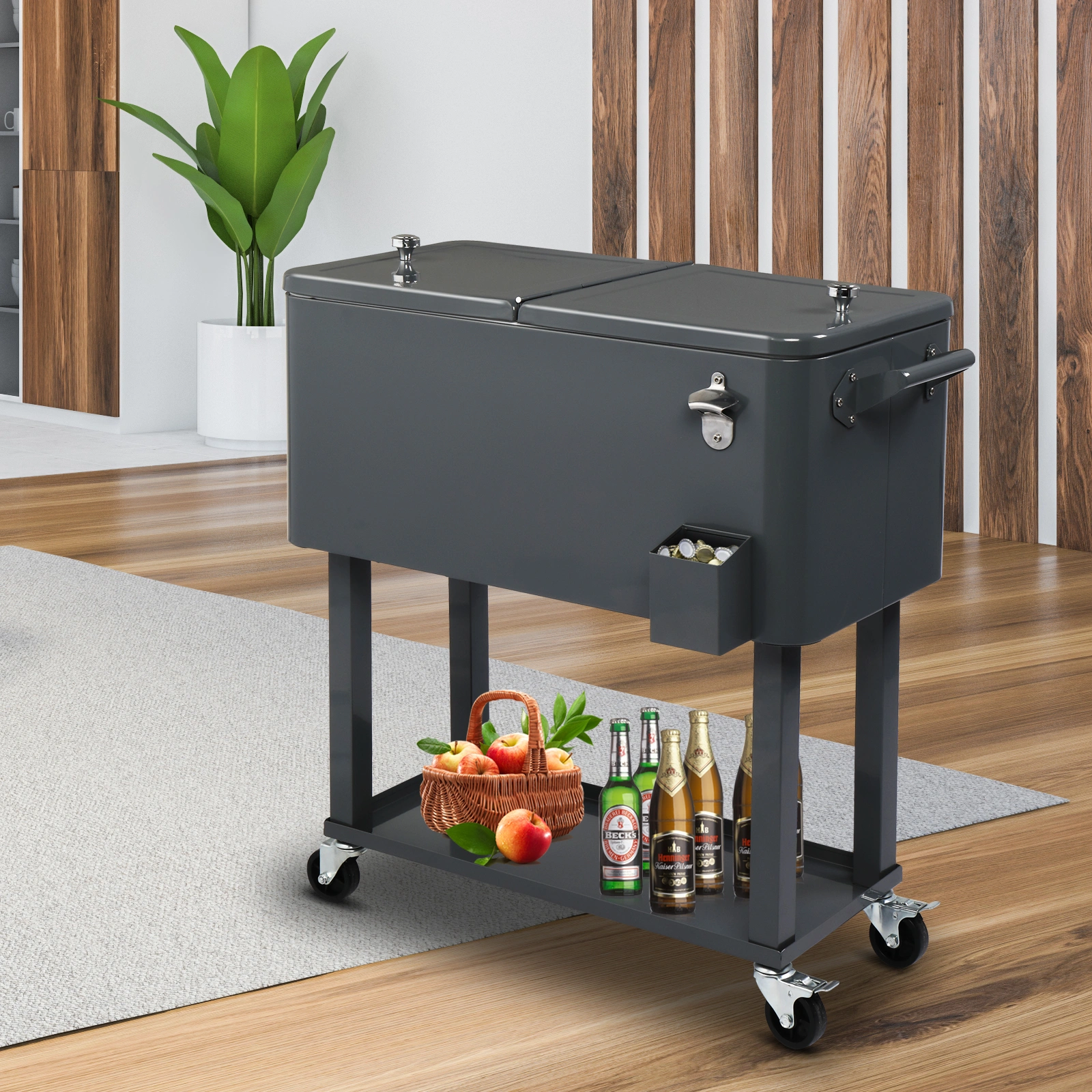 80QT Dark Grey Rolling Cooler Cart, 34.4 x 35.8 x 15.2 Inch Rectangular Insulated Ice Chest with Plastic Body and Steel Tube Legs view 58