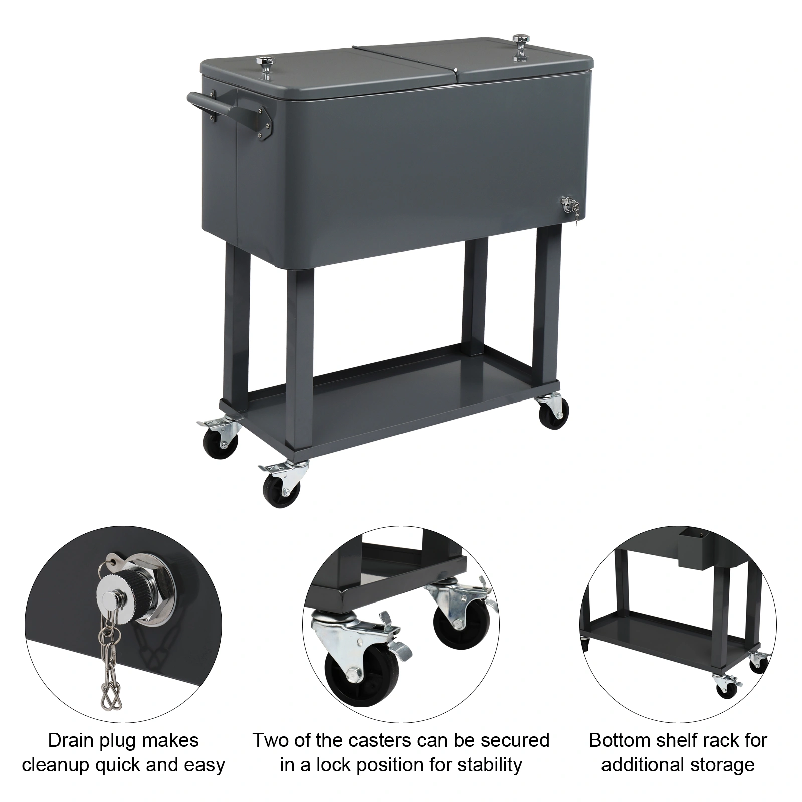 80QT Dark Grey Rolling Cooler Cart, 34.4 x 35.8 x 15.2 Inch Rectangular Insulated Ice Chest with Plastic Body and Steel Tube Legs view 7