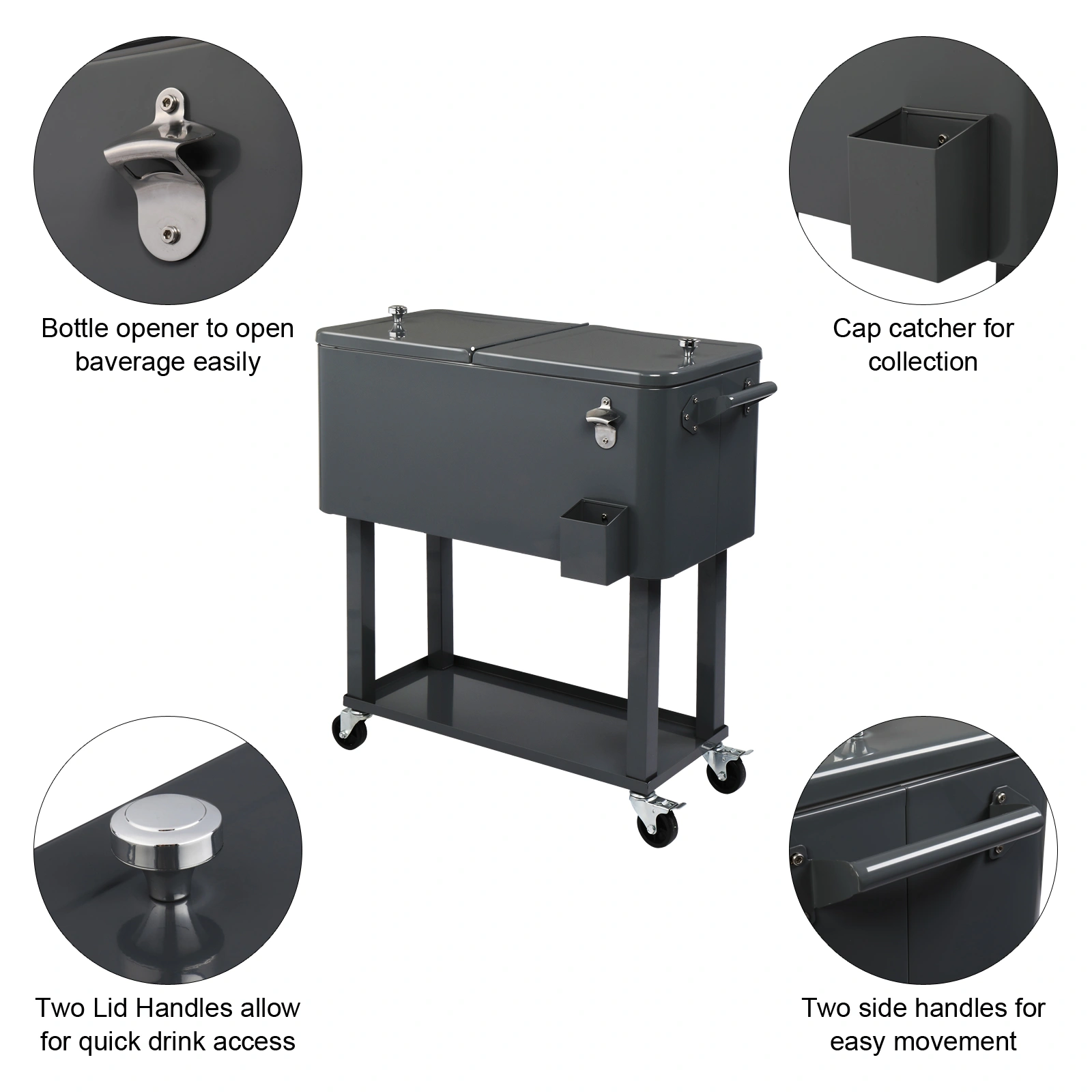80QT Dark Grey Rolling Cooler Cart, 34.4 x 35.8 x 15.2 Inch Rectangular Insulated Ice Chest with Plastic Body and Steel Tube Legs view 9