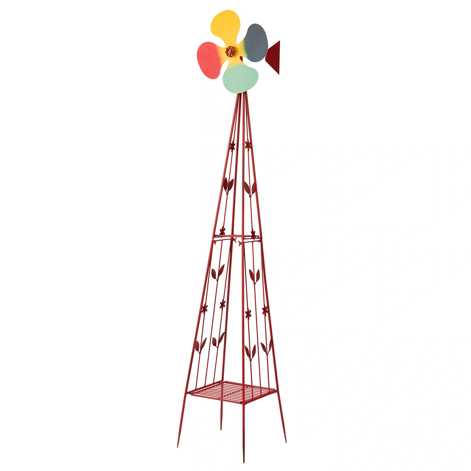 6.2ft Red 4-Blade Iron Windmill with 4-Leg Stand and Storage Shelf