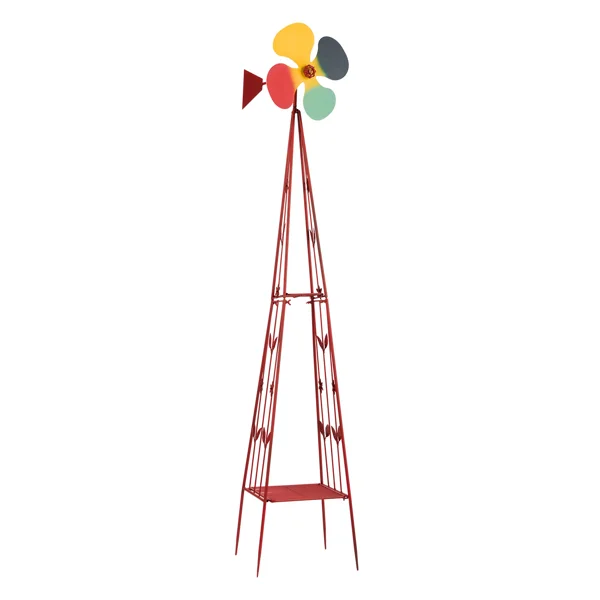 6.2ft Red 4-Blade Iron Windmill with 4-Leg Stand and Storage Shelf view 2