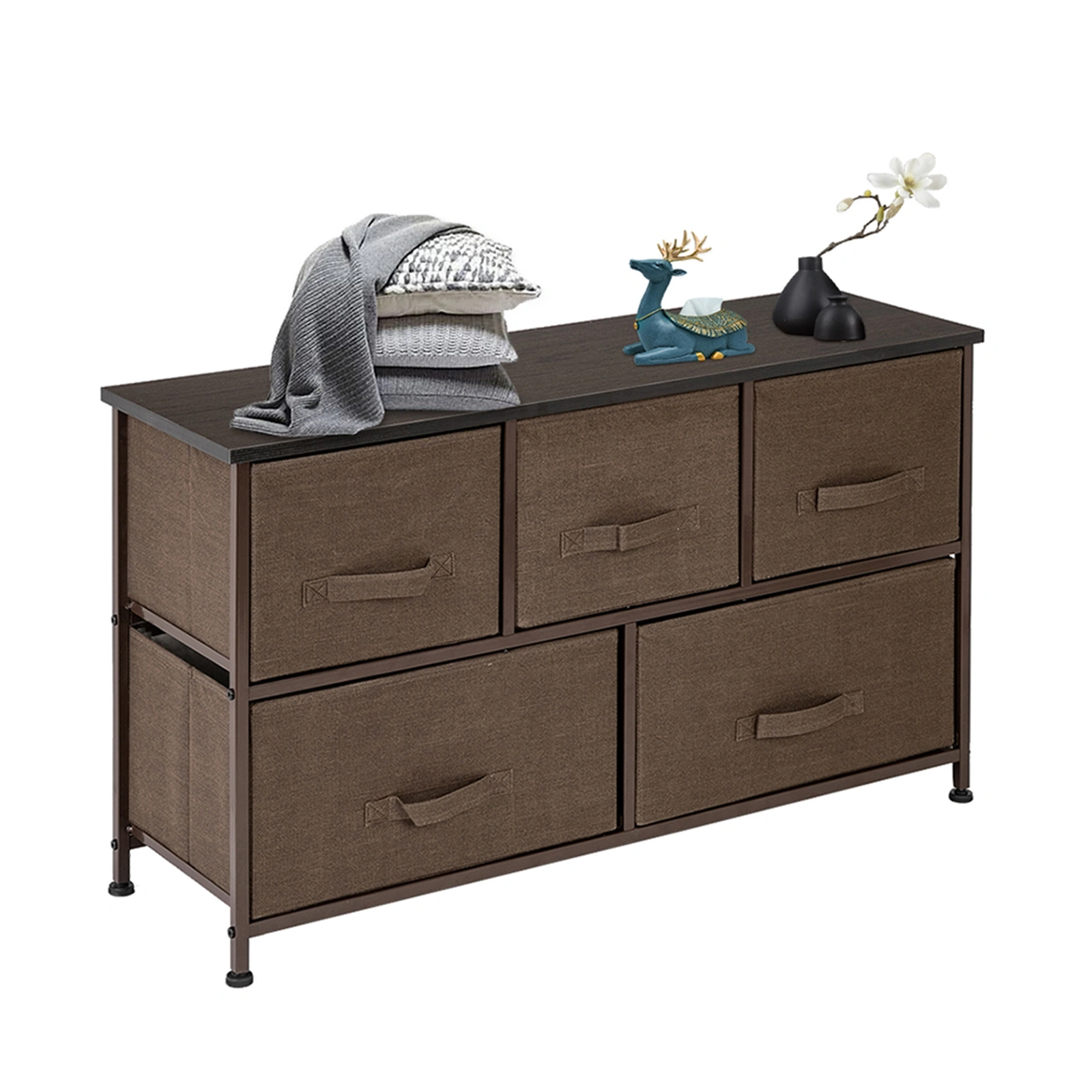 2-Tier Fabric Dresser Tower with 5 Drawers Metal Frame Brown Multi-Purpose Organizer for Closet Nursery Dorm Living Room Hallway view 2