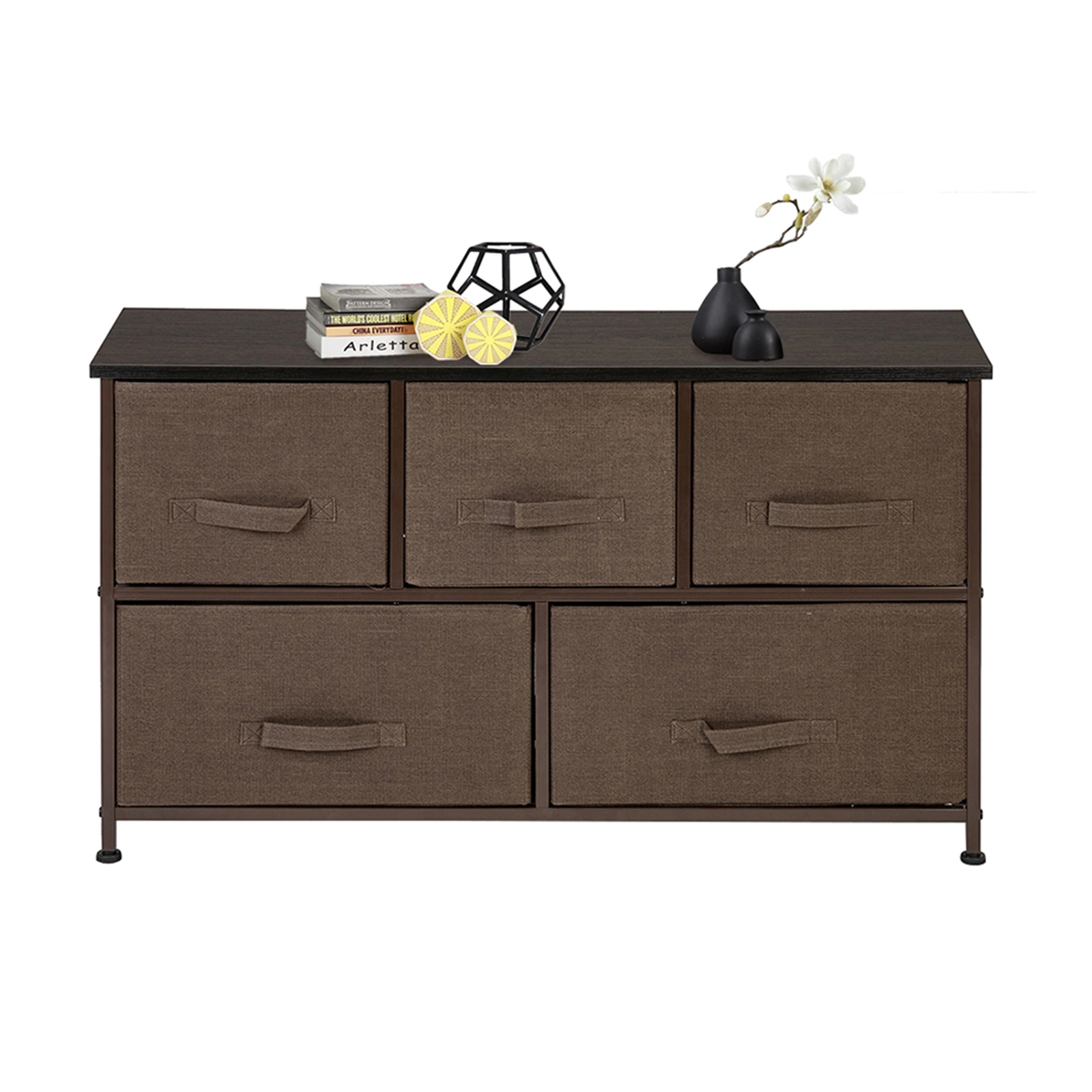 2-Tier Fabric Dresser Tower with 5 Drawers Metal Frame Brown Multi-Purpose Organizer for Closet Nursery Dorm Living Room Hallway view 3