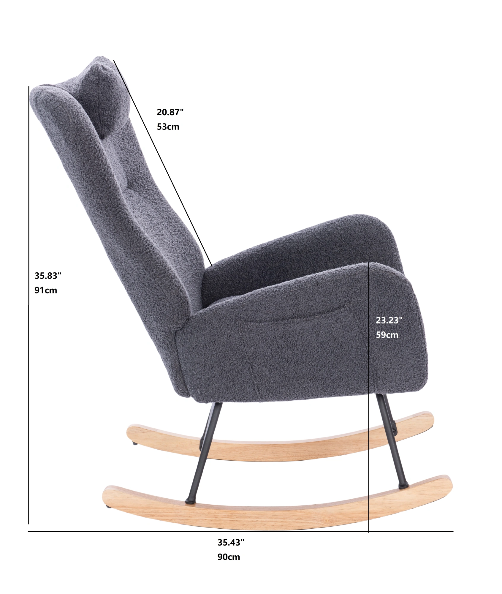 Teddy Upholstered Nursery Rocking Chair | Padded Glider Recliner for Living Room & Bedroom, Dark Grey Fabric view 2