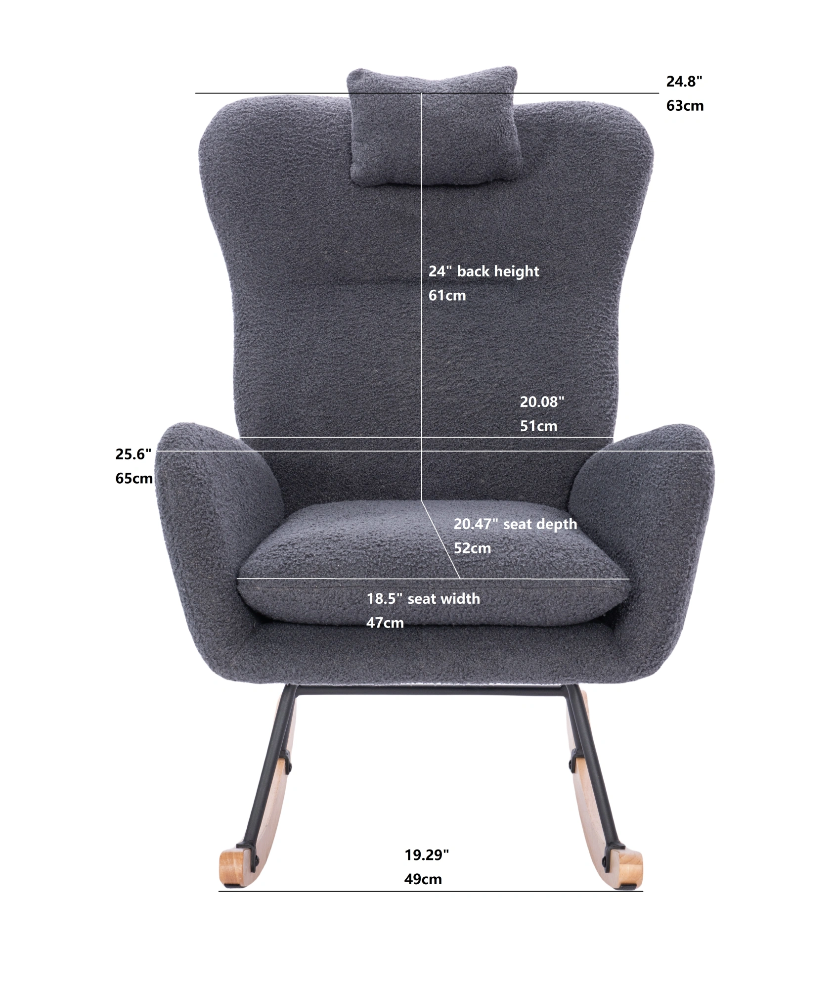 Teddy Upholstered Nursery Rocking Chair | Padded Glider Recliner for Living Room & Bedroom, Dark Grey Fabric view 4