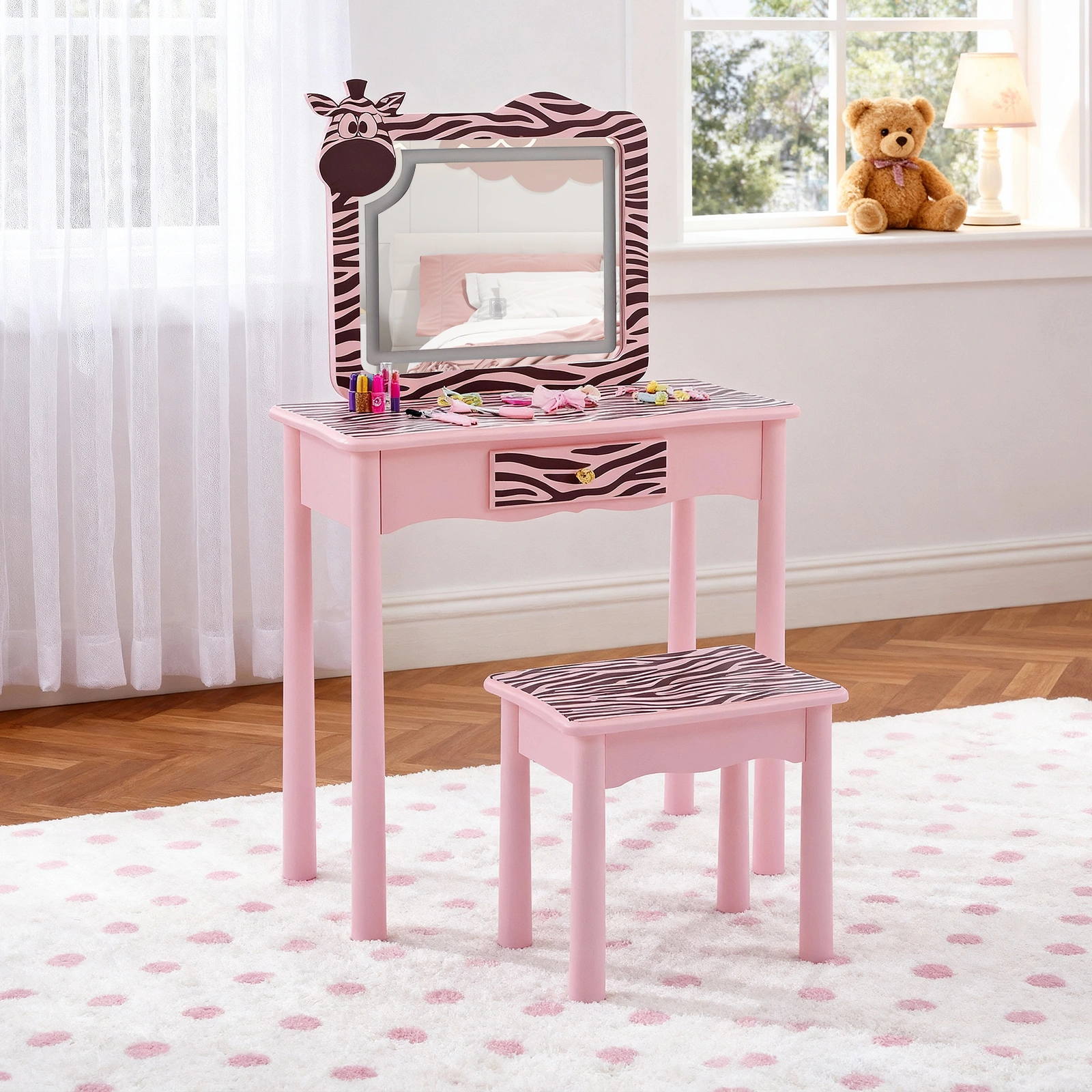 Children Dressing Table Set Macaron Pink MDF Solid Wood Legs Zebra 1 Drawer LED 3-Color Touch Light Kids Vanity Desk