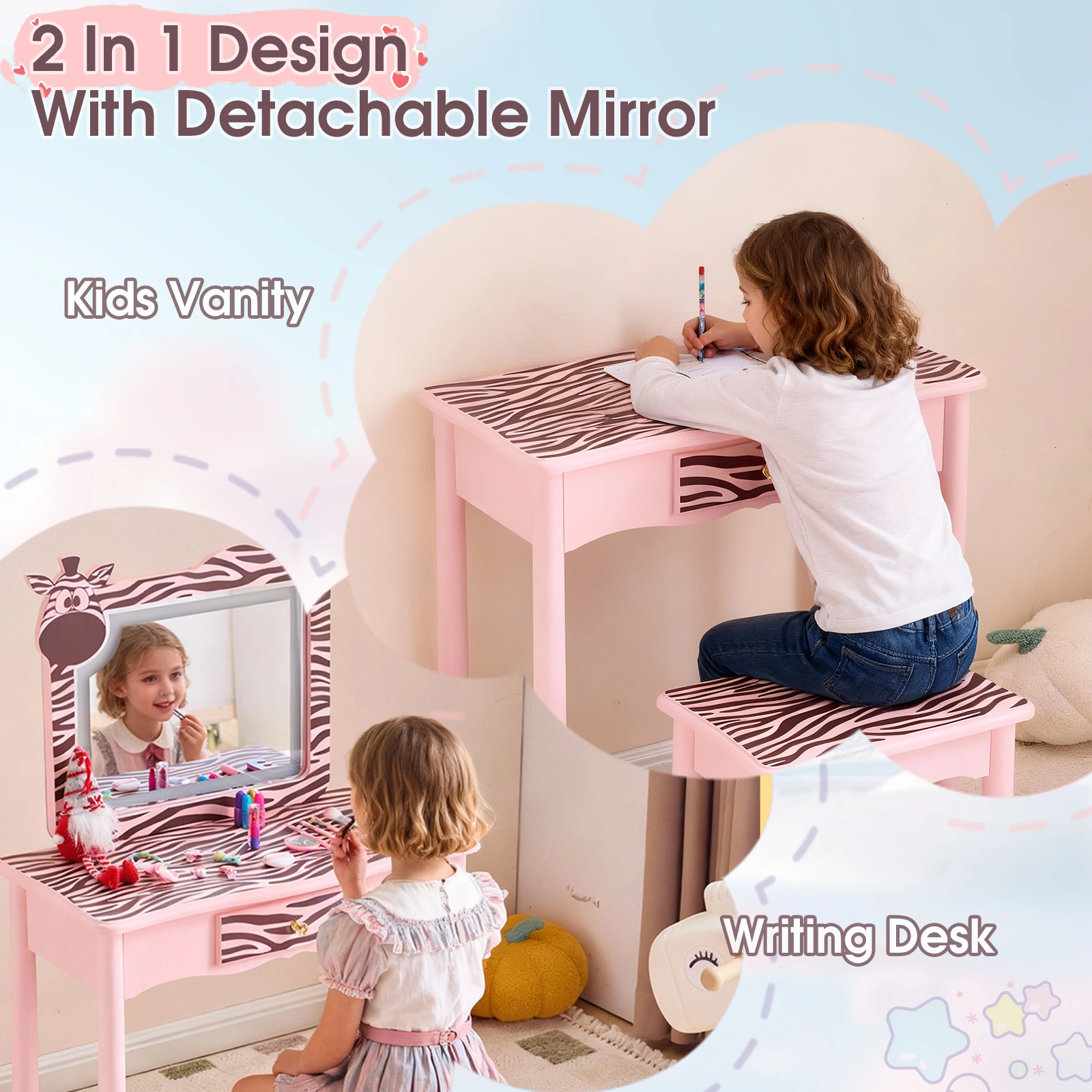 Children Dressing Table Set Macaron Pink MDF Solid Wood Legs Zebra 1 Drawer LED 3-Color Touch Light Kids Vanity Desk view 10
