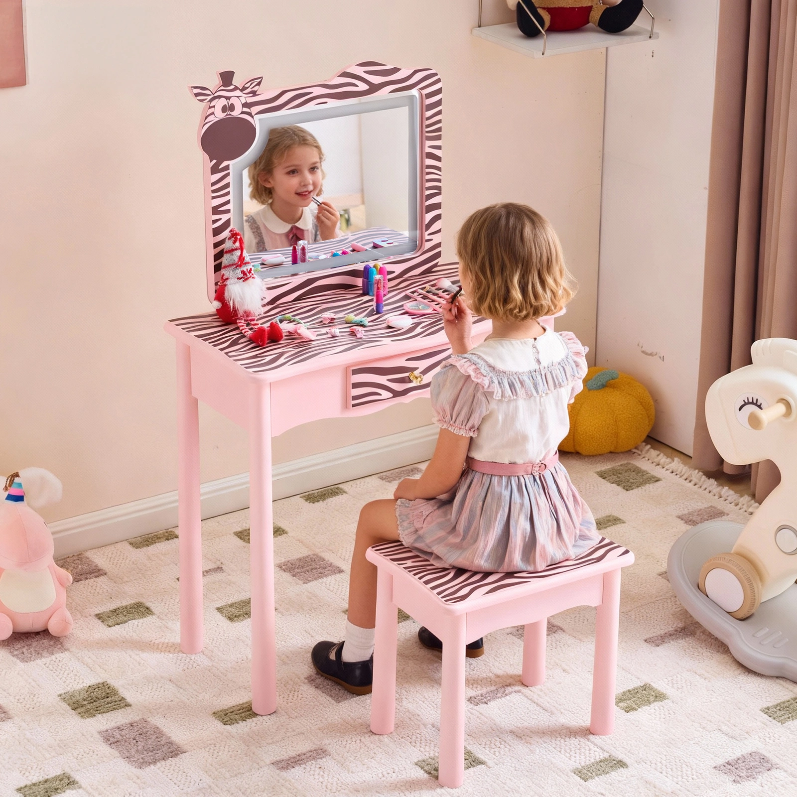 Children Dressing Table Set Macaron Pink MDF Solid Wood Legs Zebra 1 Drawer LED 3-Color Touch Light Kids Vanity Desk view 12