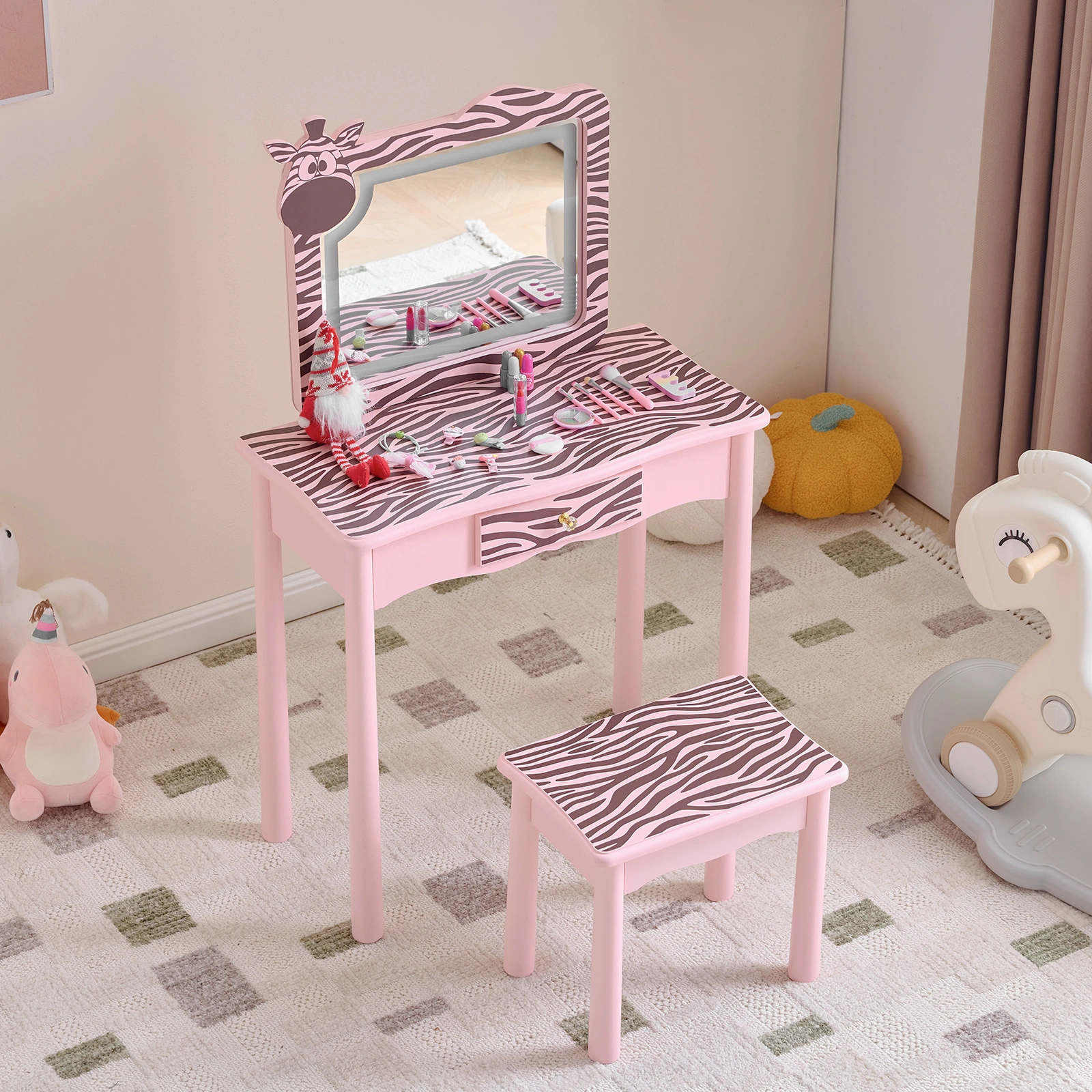 Children Dressing Table Set Macaron Pink MDF Solid Wood Legs Zebra 1 Drawer LED 3-Color Touch Light Kids Vanity Desk view 15