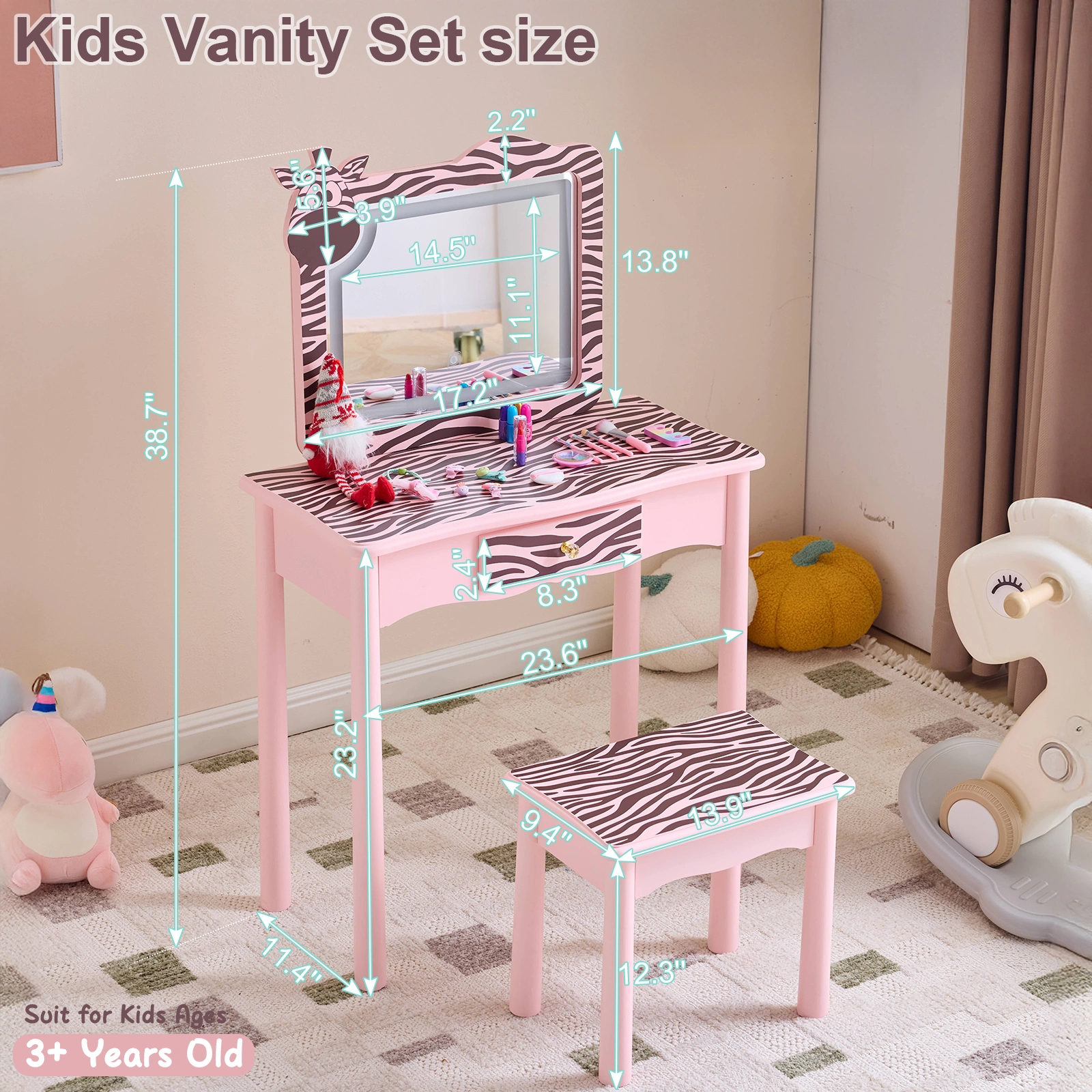 Children Dressing Table Set Macaron Pink MDF Solid Wood Legs Zebra 1 Drawer LED 3-Color Touch Light Kids Vanity Desk view 3