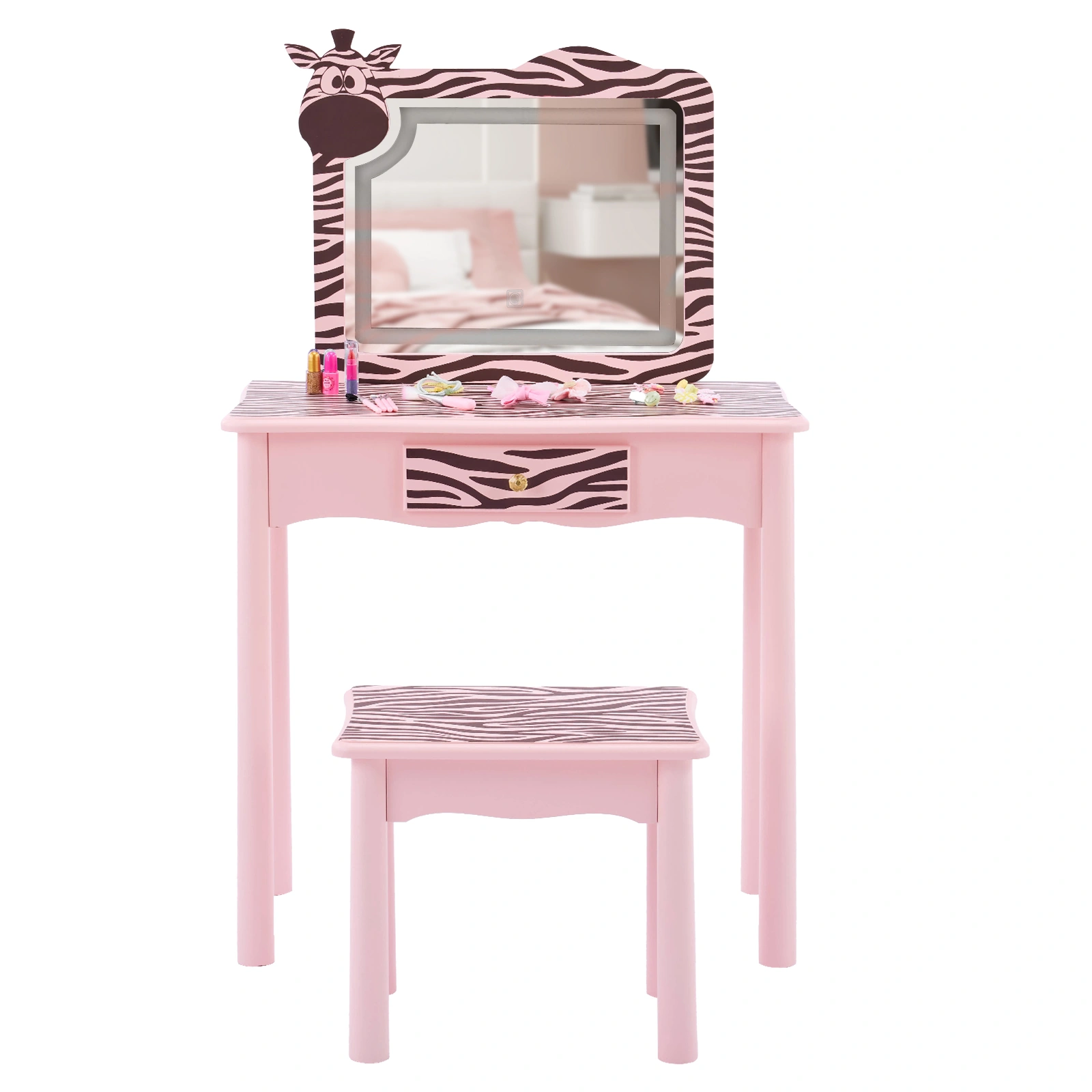Children Dressing Table Set Macaron Pink MDF Solid Wood Legs Zebra 1 Drawer LED 3-Color Touch Light Kids Vanity Desk view 4