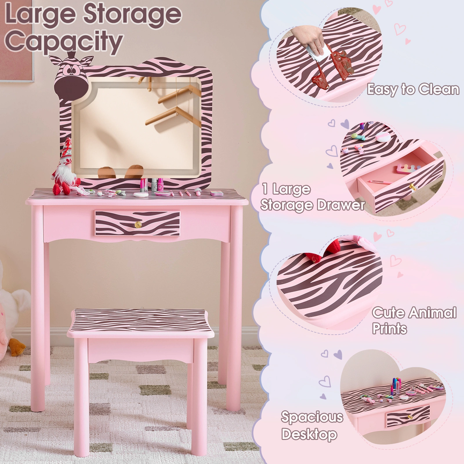 Children Dressing Table Set Macaron Pink MDF Solid Wood Legs Zebra 1 Drawer LED 3-Color Touch Light Kids Vanity Desk view 5