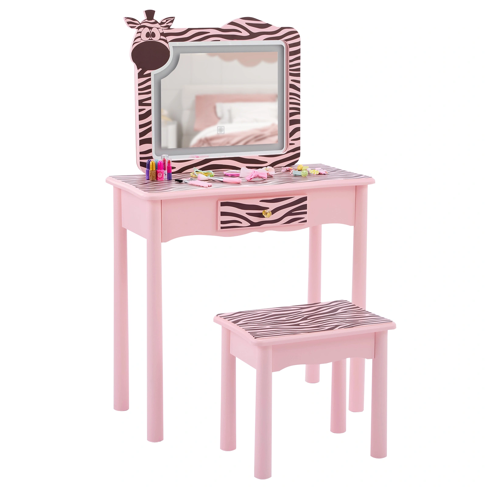 Children Dressing Table Set Macaron Pink MDF Solid Wood Legs Zebra 1 Drawer LED 3-Color Touch Light Kids Vanity Desk view 6