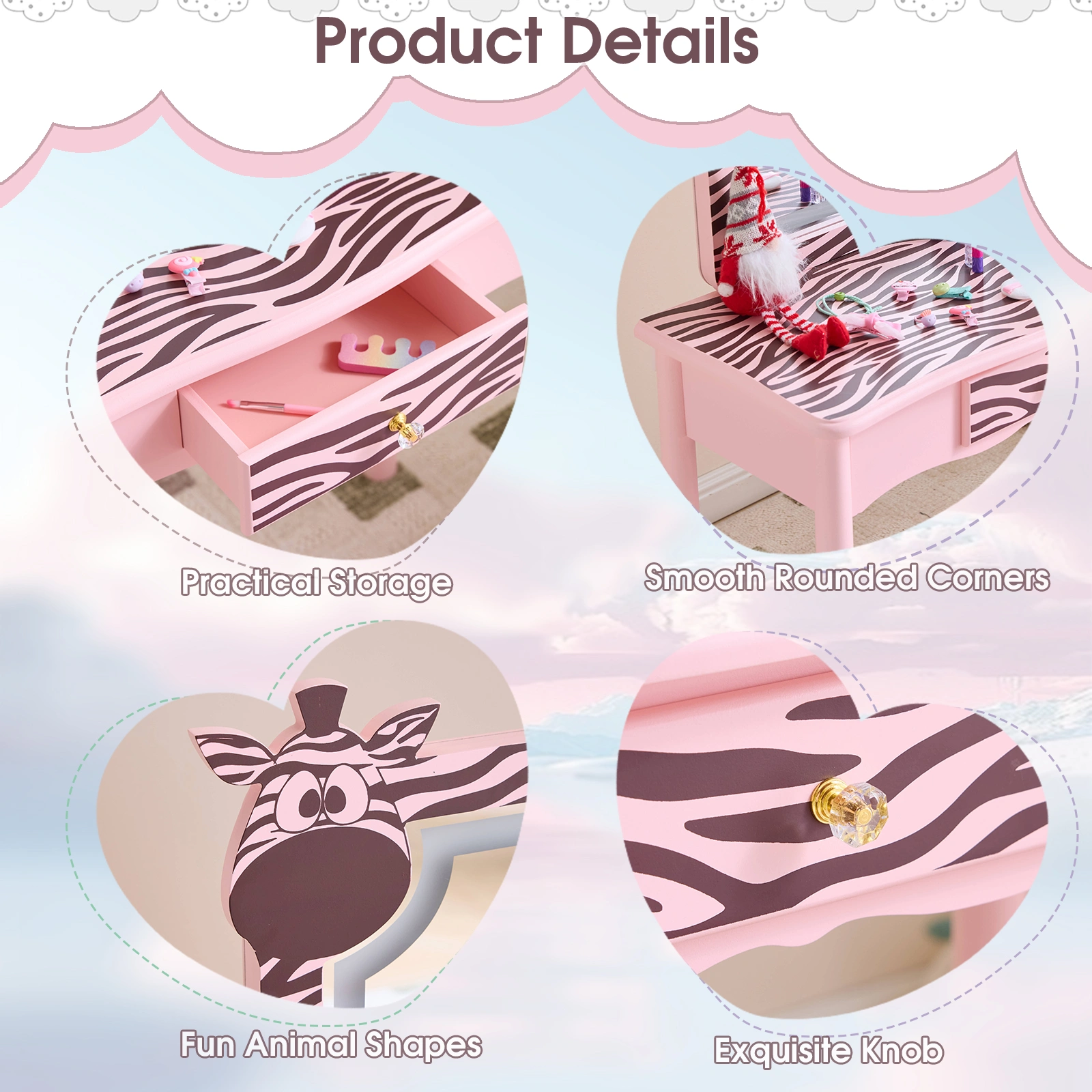 Children Dressing Table Set Macaron Pink MDF Solid Wood Legs Zebra 1 Drawer LED 3-Color Touch Light Kids Vanity Desk view 9
