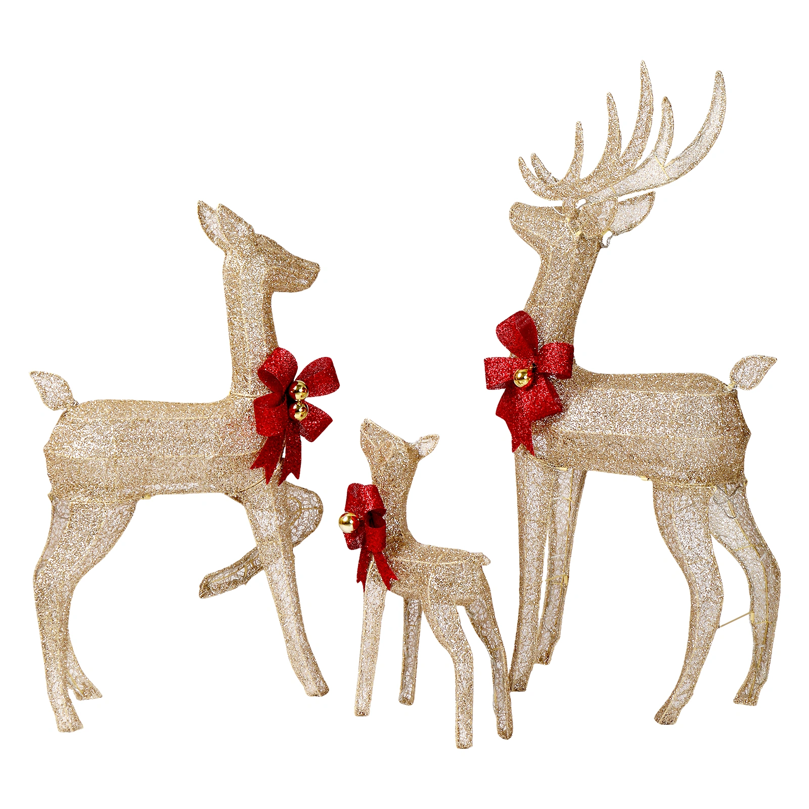 3-Piece Lighted Christmas Reindeer Family Set, 4FT Weather Proof Rattan Deer Decorations with 210 Warm White LED Lights, Outdoor Indoor Holiday Home Ornament, Golden