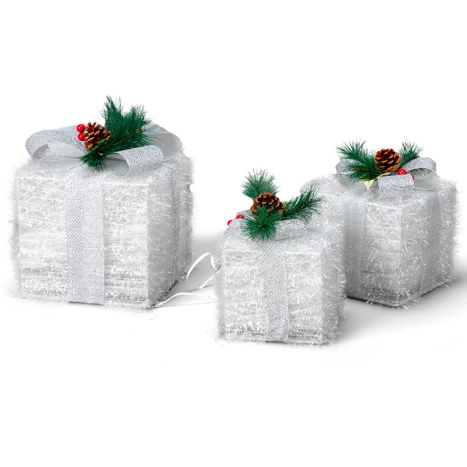 3 Piece White Gift Box Garden Decoration Set, 7in 6in 5in Stackable Ornament Boxes for Yard Patio Display view 2