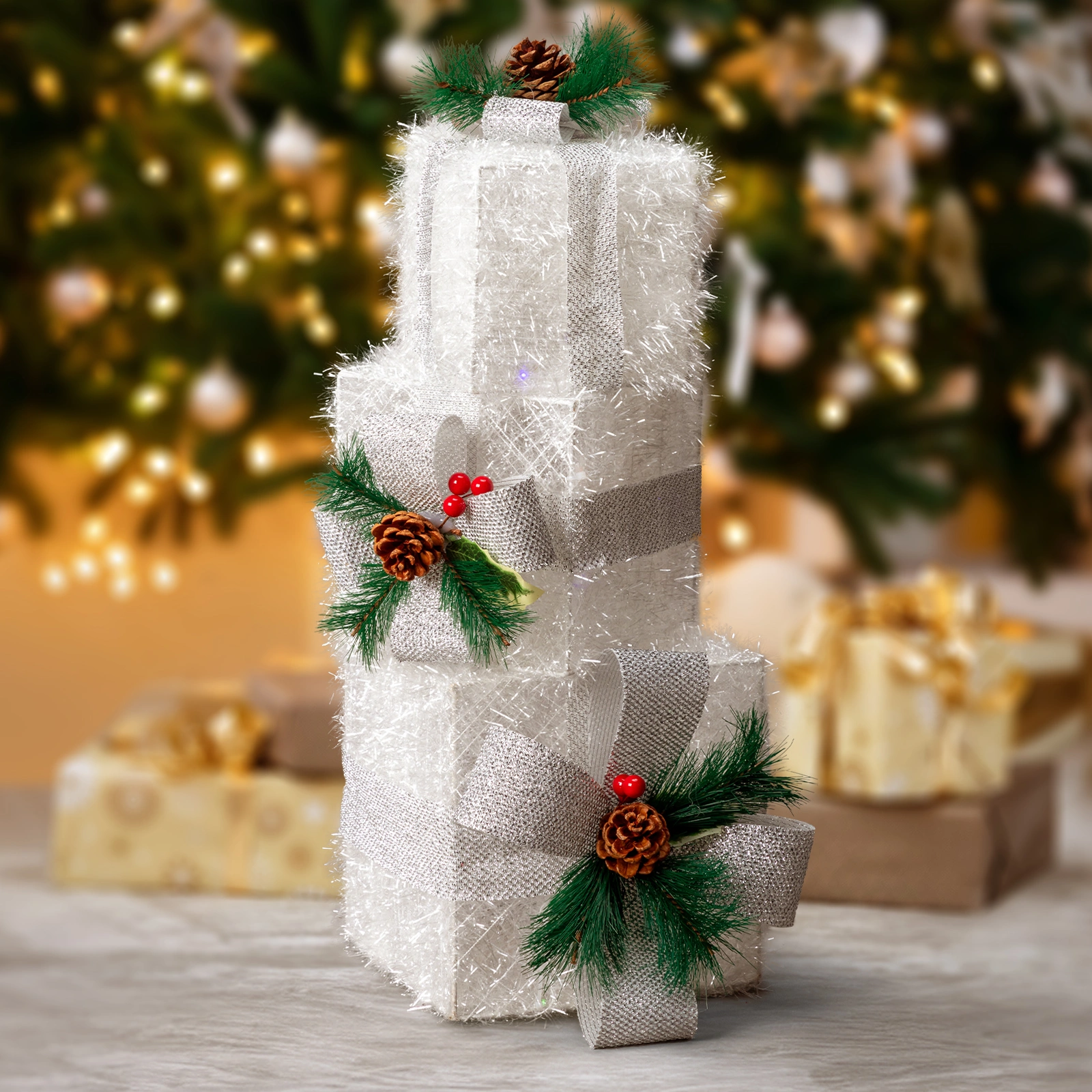 3 Piece White Gift Box Garden Decoration Set, 7in 6in 5in Stackable Ornament Boxes for Yard Patio Display view 3