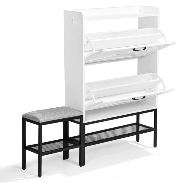 Barn door style shoe cabinet with 2 flip-down compartments, baffle, wire mesh, metal legs with soft pads, and 1 hook. Made of particleboard. Dimensions: 120*24*120cm. Color: White view 2