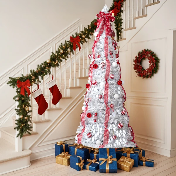 7 FT Fully Decorated Pre-lit Christmas Tree, Pop Up Artificial Xmas Tree with 170 Warm Lights and Red Ornaments for Home Office Store Holiday Deco, White view 3