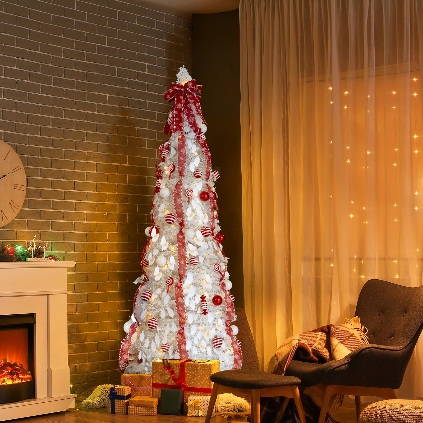 7 FT Fully Decorated Pre-lit Christmas Tree, Pop Up Artificial Xmas Tree with 170 Warm Lights and Red Ornaments for Home Office Store Holiday Deco, White view 5