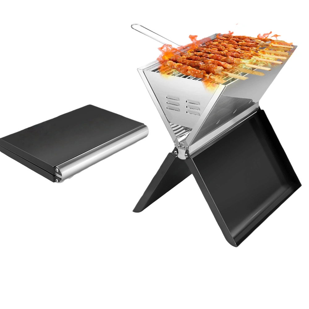 Portable Foldable Briefcase BBQ Grill, Black Powder Coated Iron Outdoor Barbecue for Camping 2-5 People