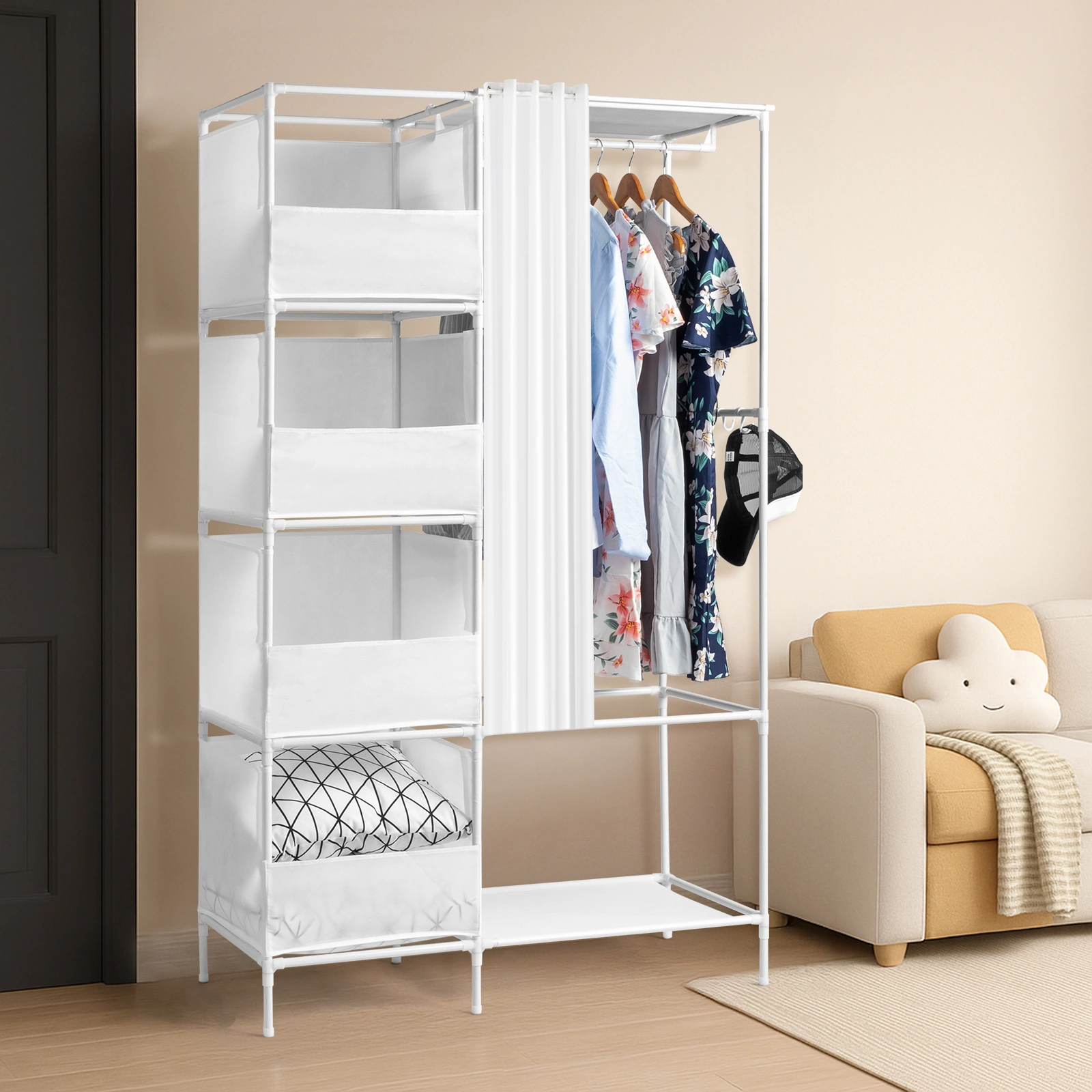 White 4-Tier Double Row Wardrobe with Curtains, Non-Woven Fabric Closet with Storage Compartments, 105x45x170cm view 2