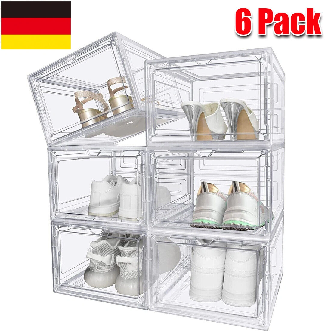 6-Pack Transparent Shoe Storage Boxes, Stackable Plastic Sneaker Organizers, Clear Shoe Container