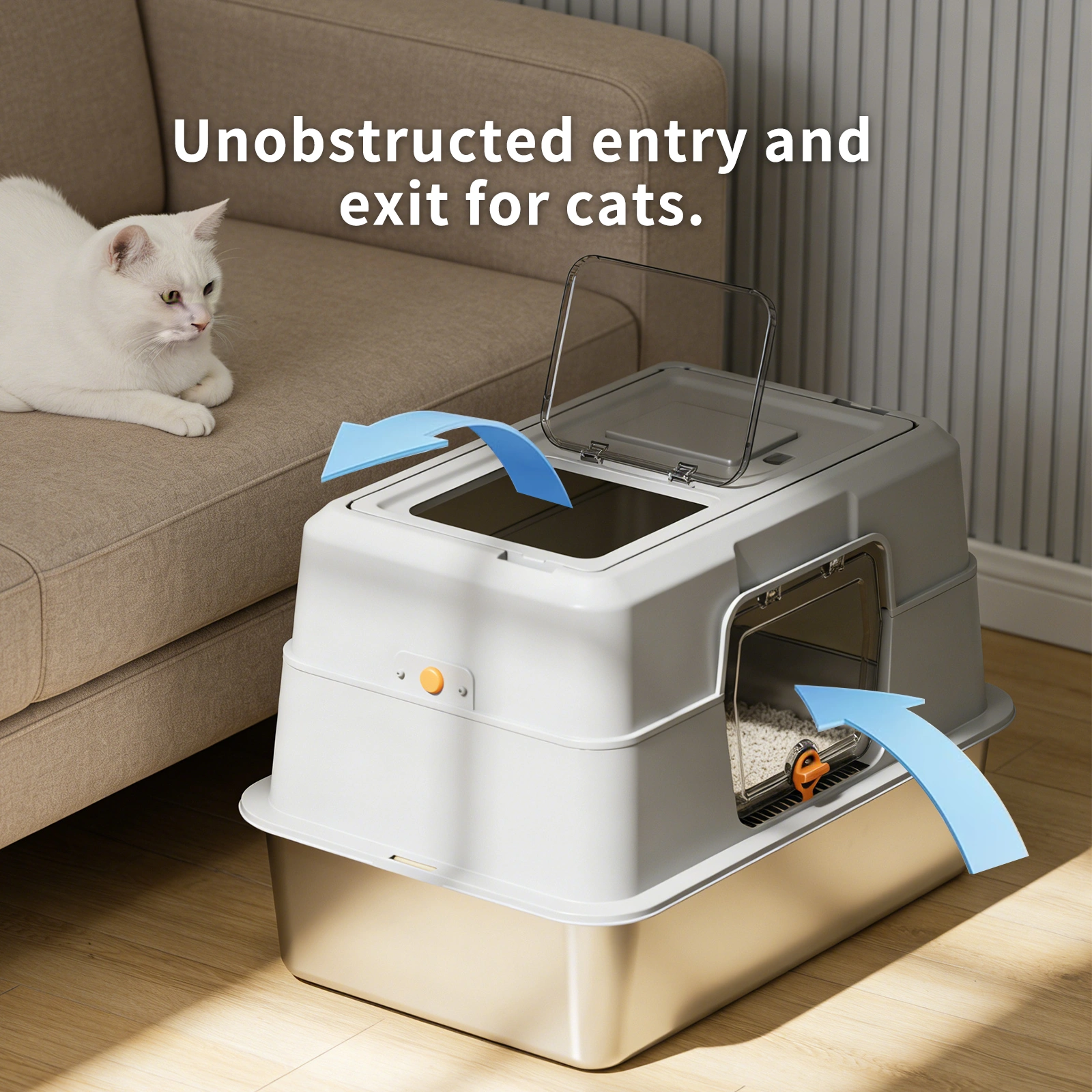 Thick Stainless Steel Enclosed Cat Litter Box - White, Leak Proof & Bite Resistant, Extra Large Heavy Duty Kitty Toilet for Comfortable Use view 3