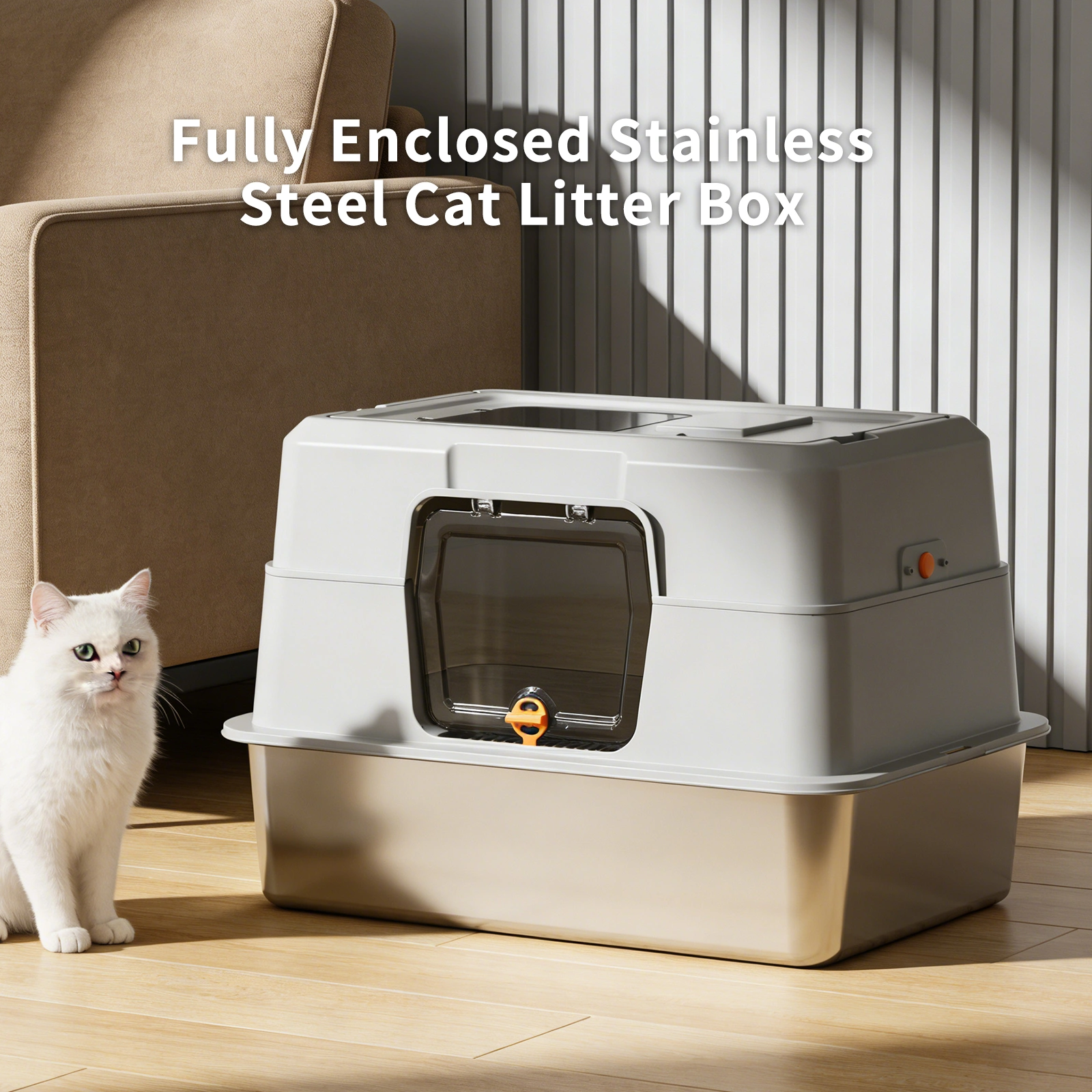 Thick Stainless Steel Enclosed Cat Litter Box - White, Leak Proof & Bite Resistant, Extra Large Heavy Duty Kitty Toilet for Comfortable Use view 7