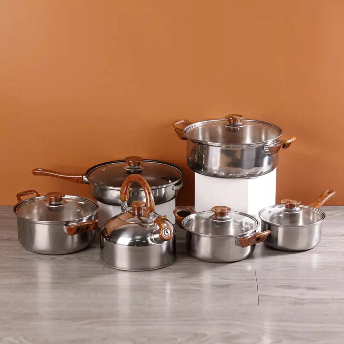 12-Piece Stainless Steel Cookware Set, Saucepan, Casserole & Frying Pan with Glass Lids